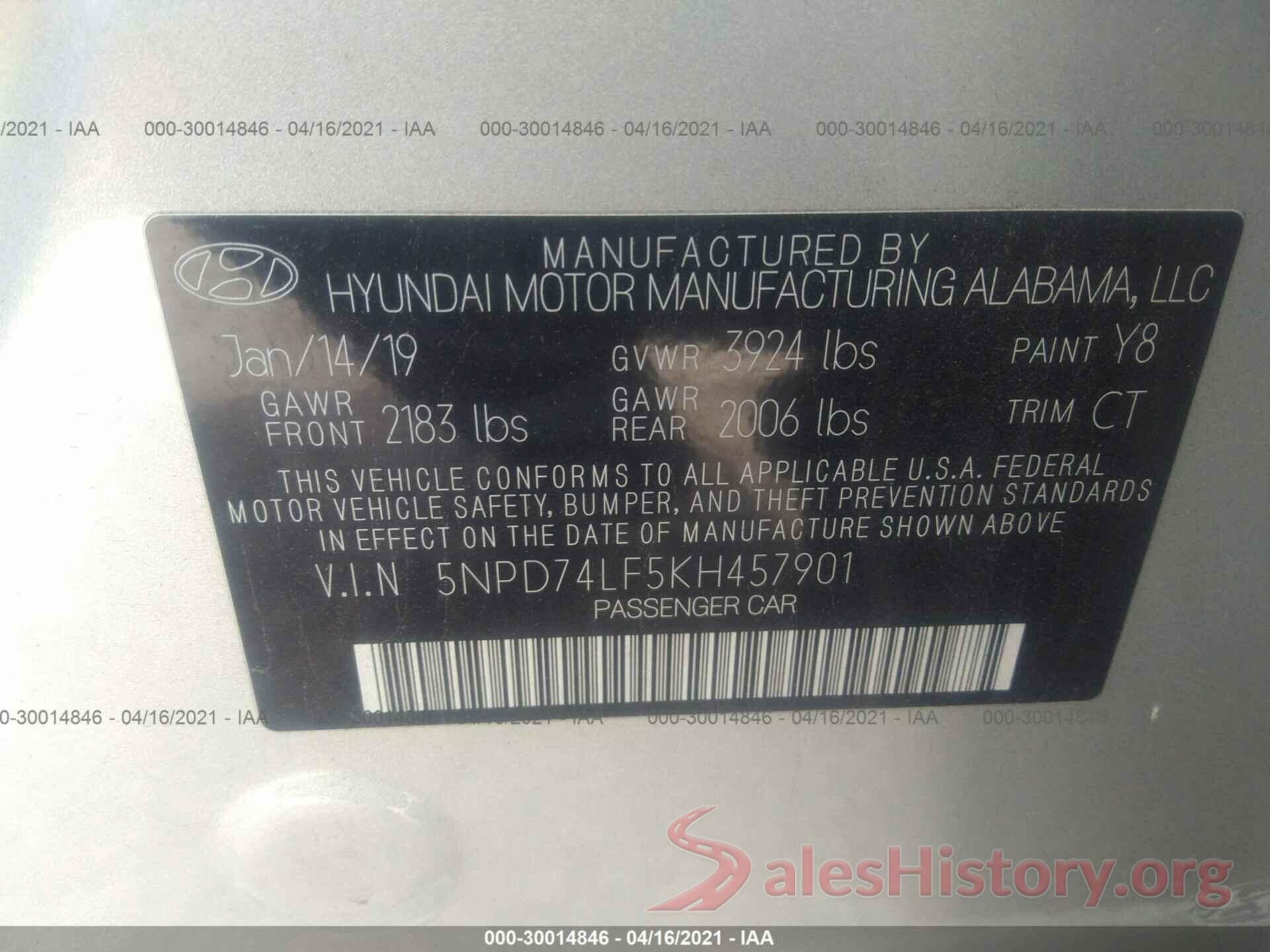 5NPD74LF5KH457901 2019 HYUNDAI ELANTRA