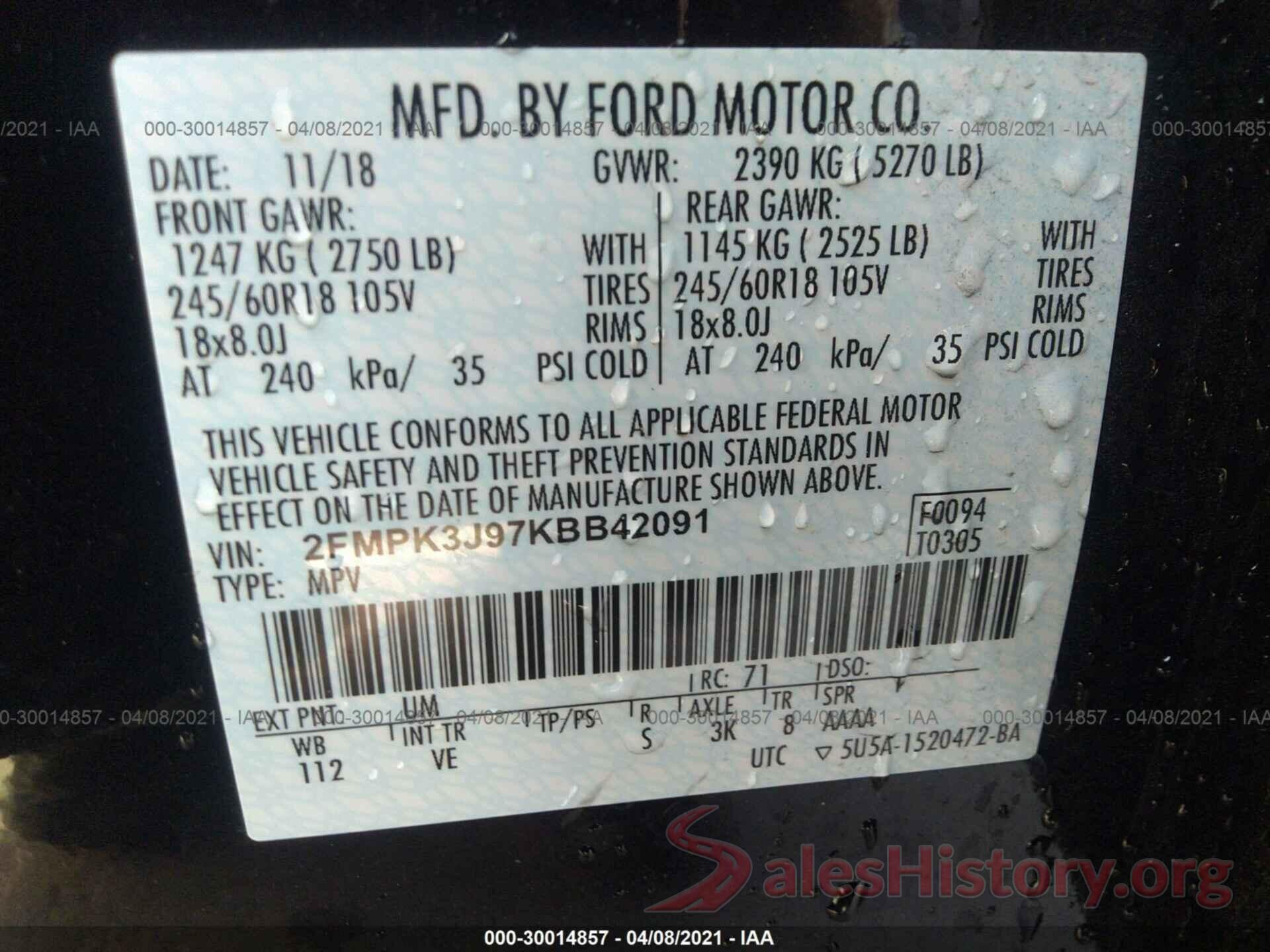 2FMPK3J97KBB42091 2019 FORD EDGE