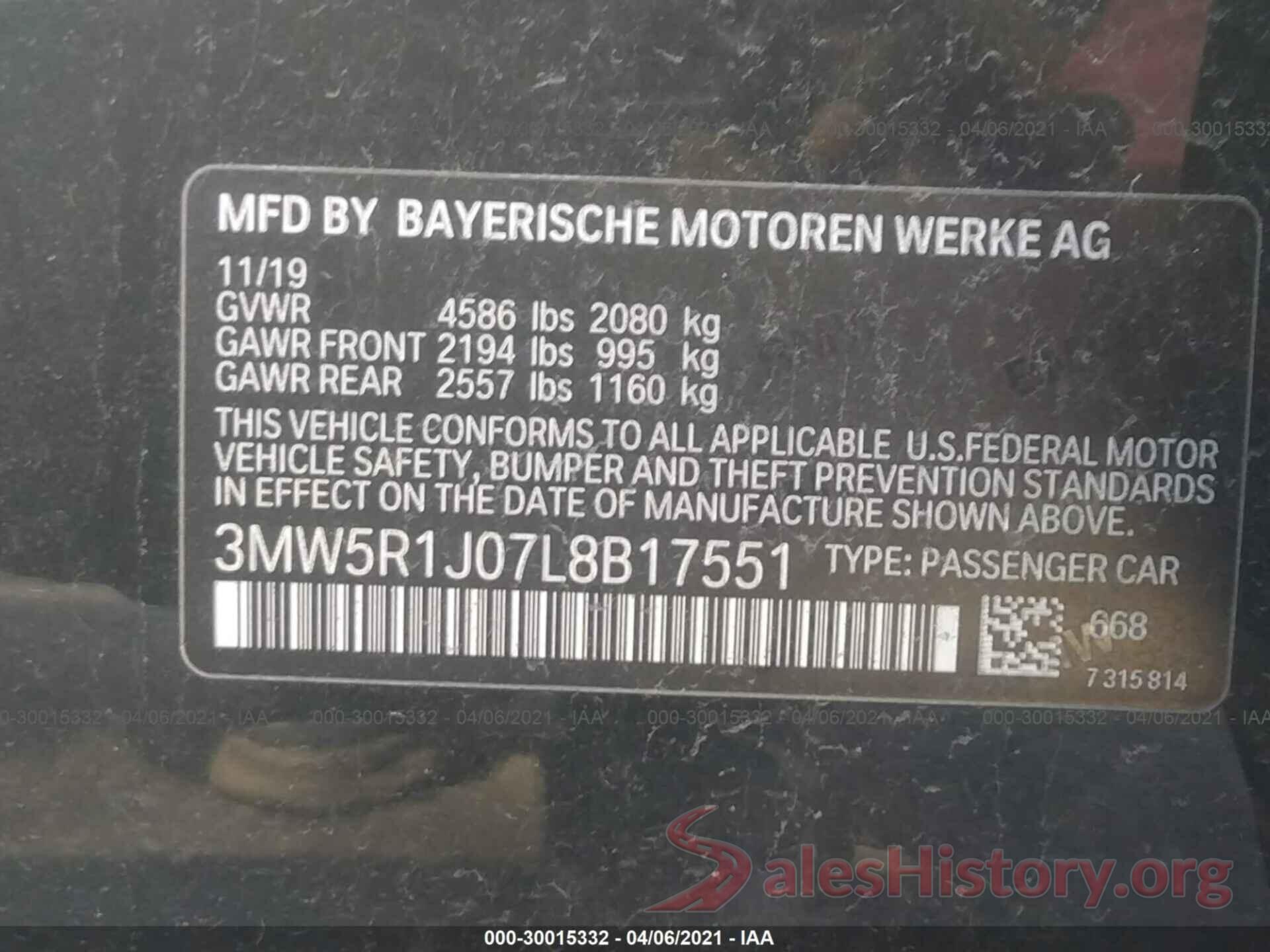 3MW5R1J07L8B17551 2020 BMW 3 SERIES