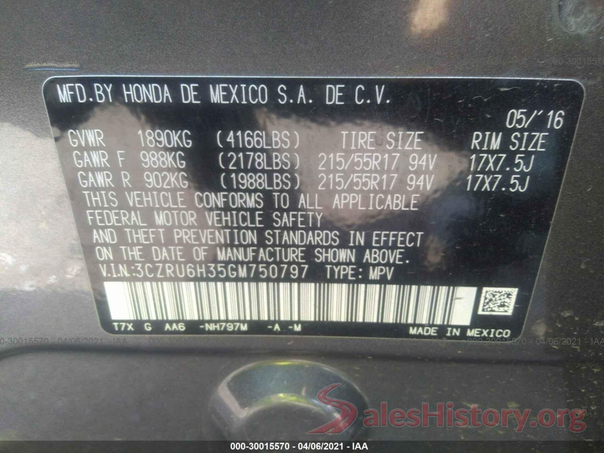 3CZRU6H35GM750797 2016 HONDA HR-V