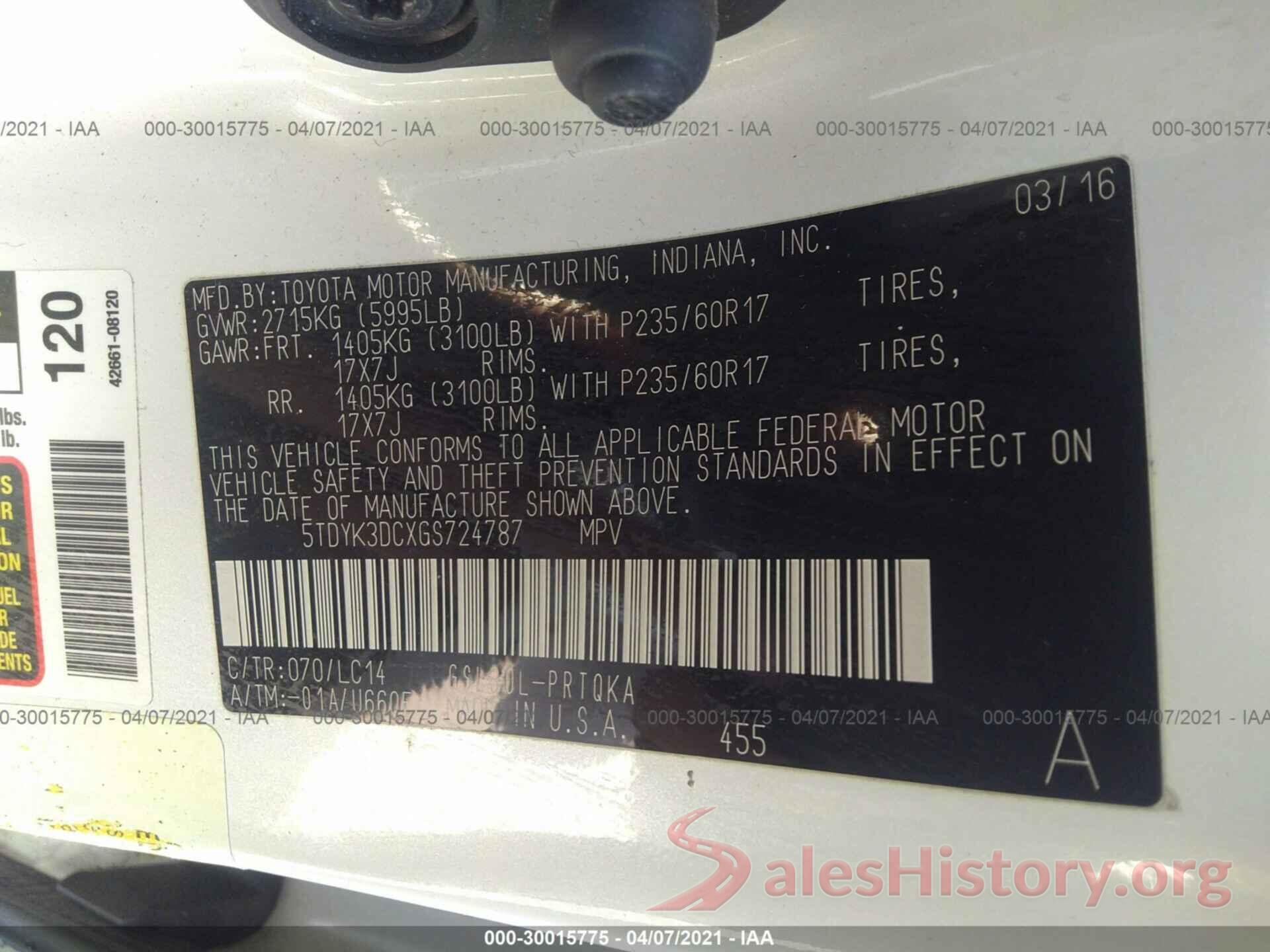 5TDYK3DCXGS724787 2016 TOYOTA SIENNA