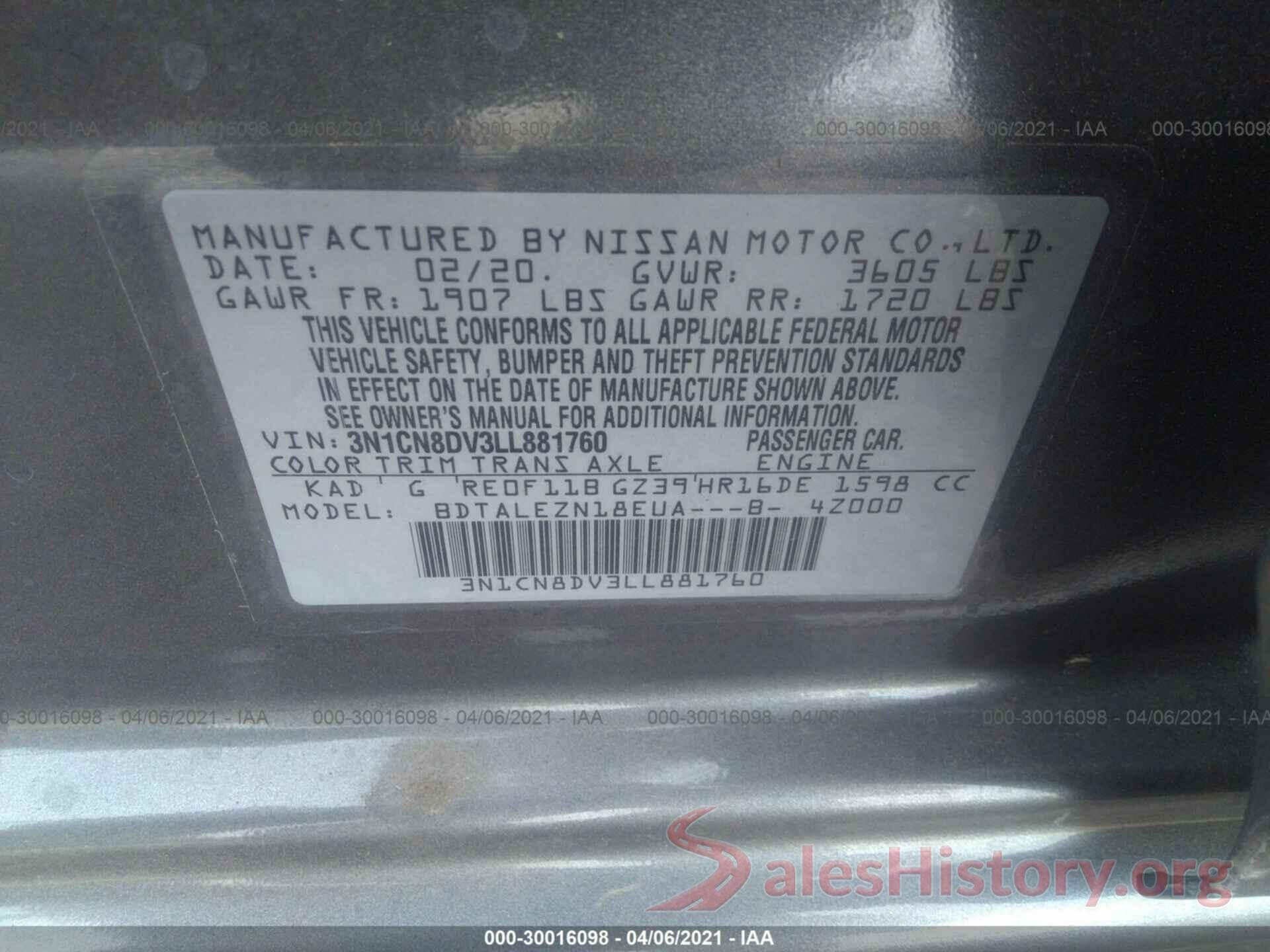 3N1CN8DV3LL881760 2020 NISSAN VERSA