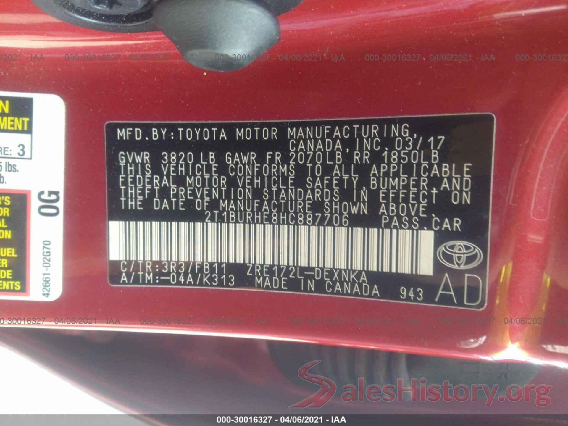 2T1BURHE8HC887706 2017 TOYOTA COROLLA