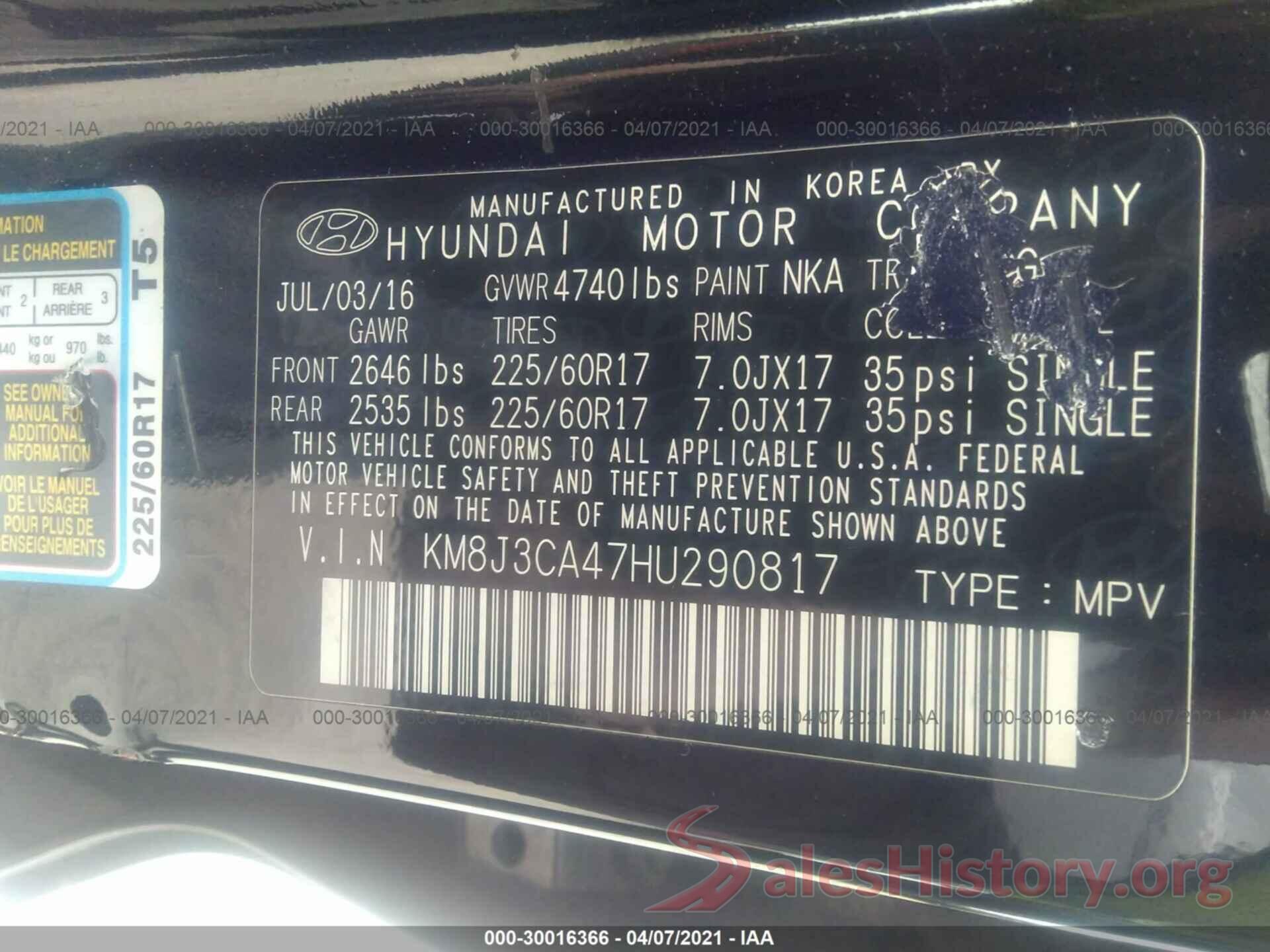 KM8J3CA47HU290817 2017 HYUNDAI TUCSON