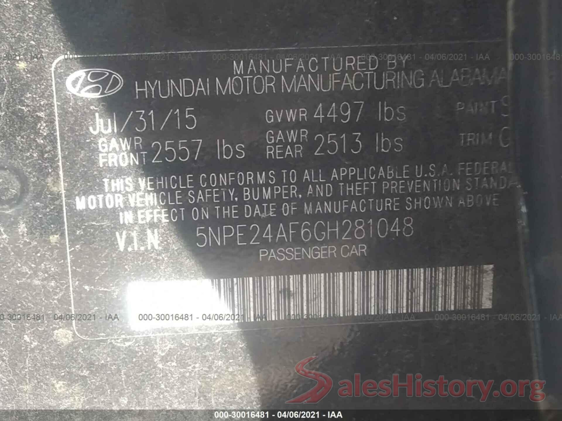 5NPE24AF6GH281048 2016 HYUNDAI SONATA