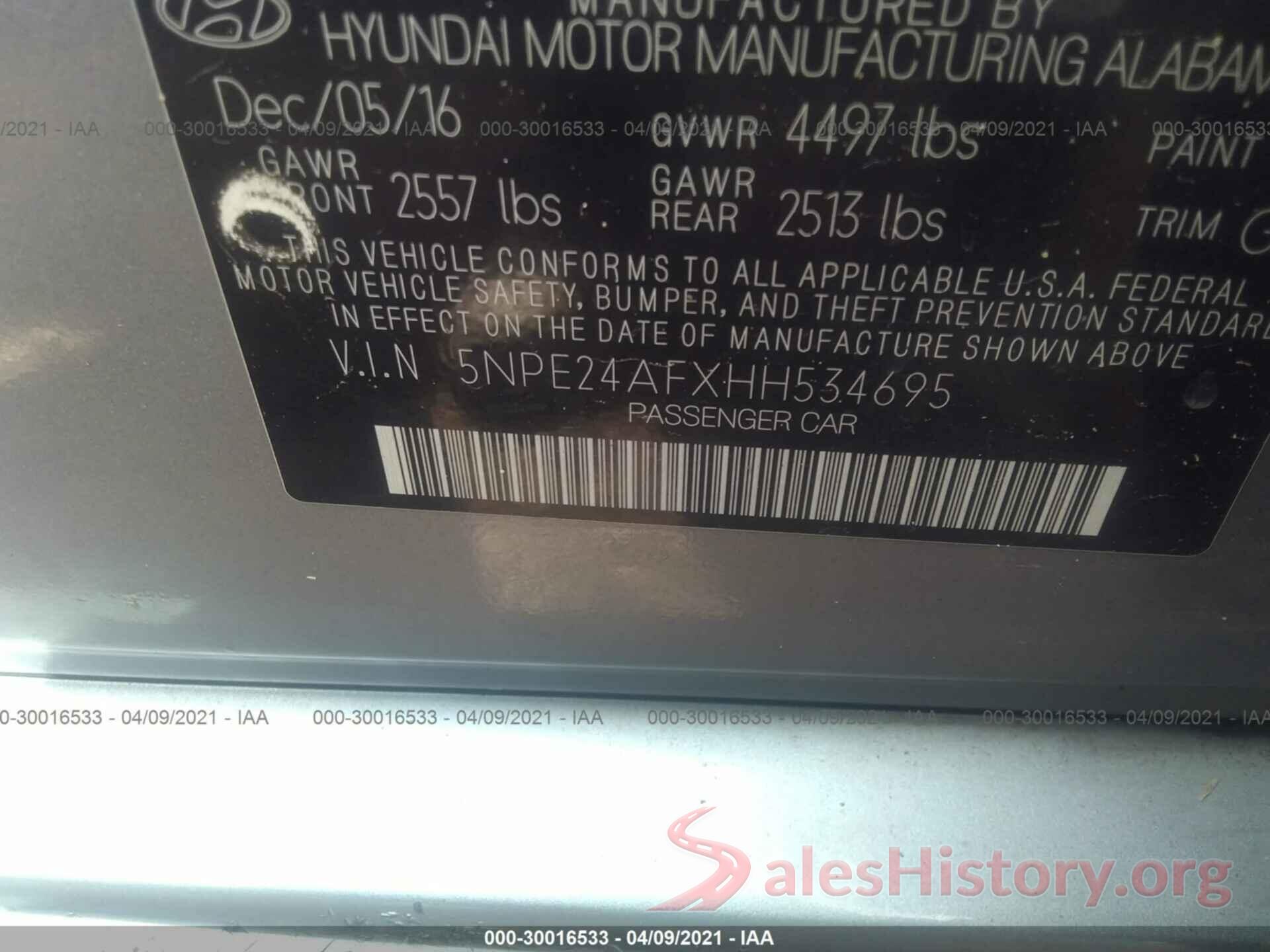 5NPE24AFXHH534695 2017 HYUNDAI SONATA