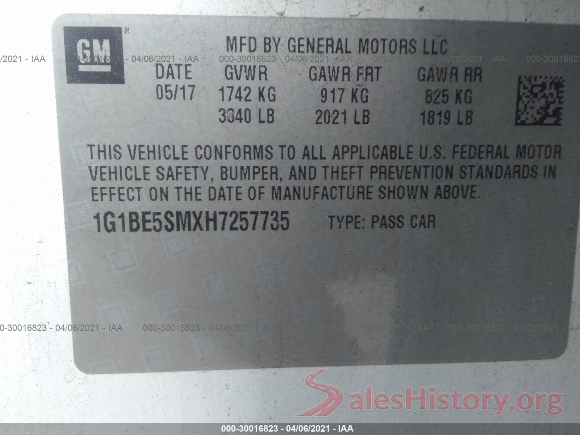 1G1BE5SMXH7257735 2017 CHEVROLET CRUZE