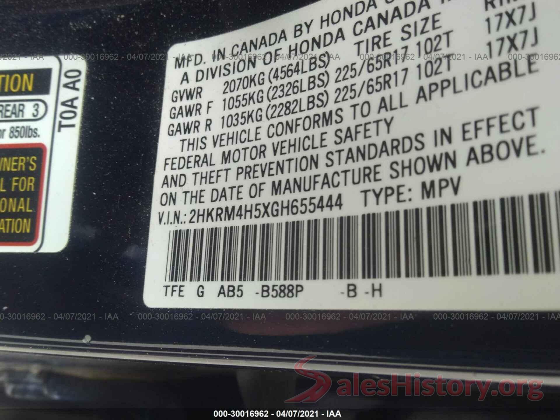 2HKRM4H5XGH655444 2016 HONDA CR-V