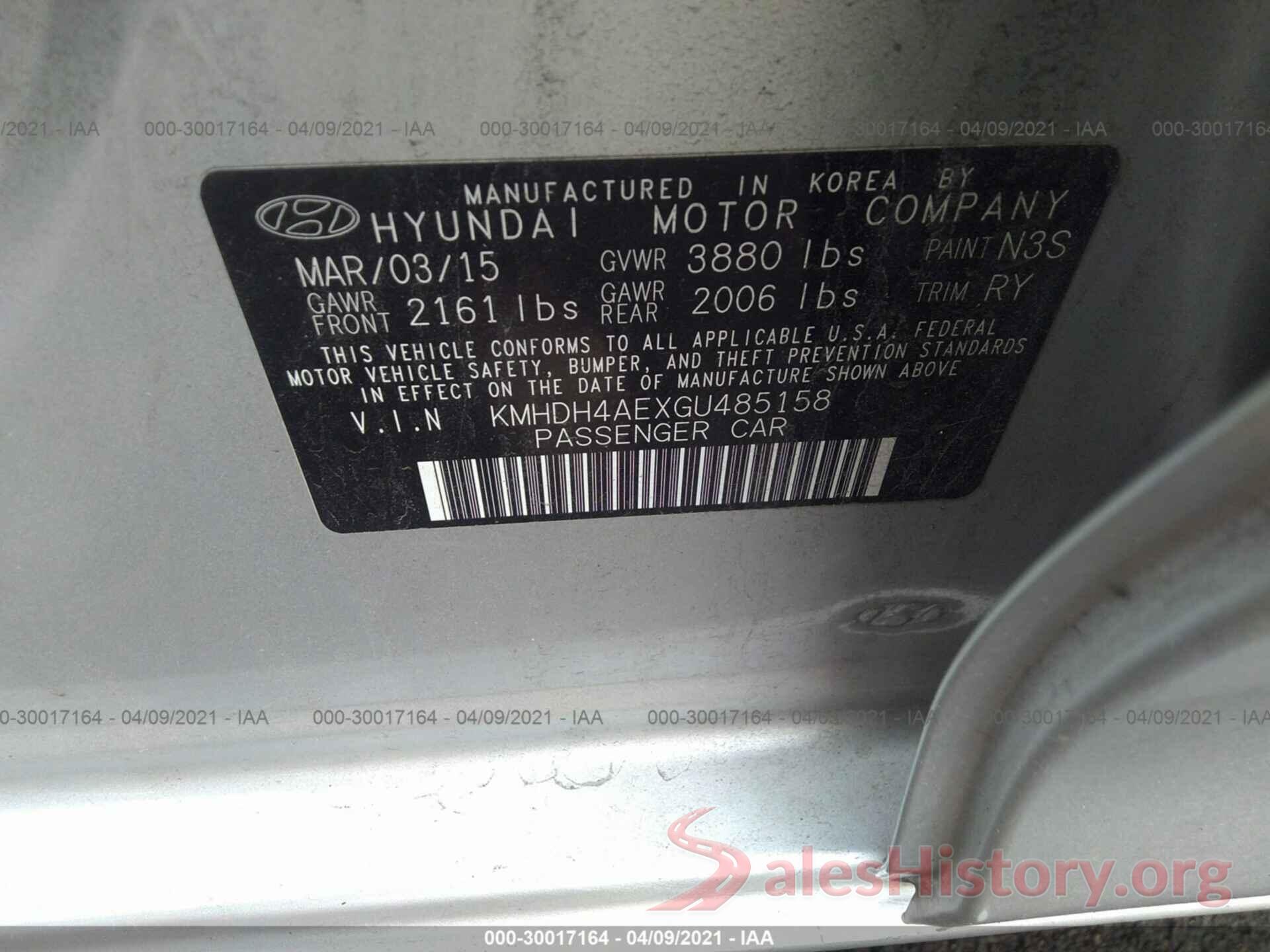 KMHDH4AEXGU485158 2016 HYUNDAI ELANTRA