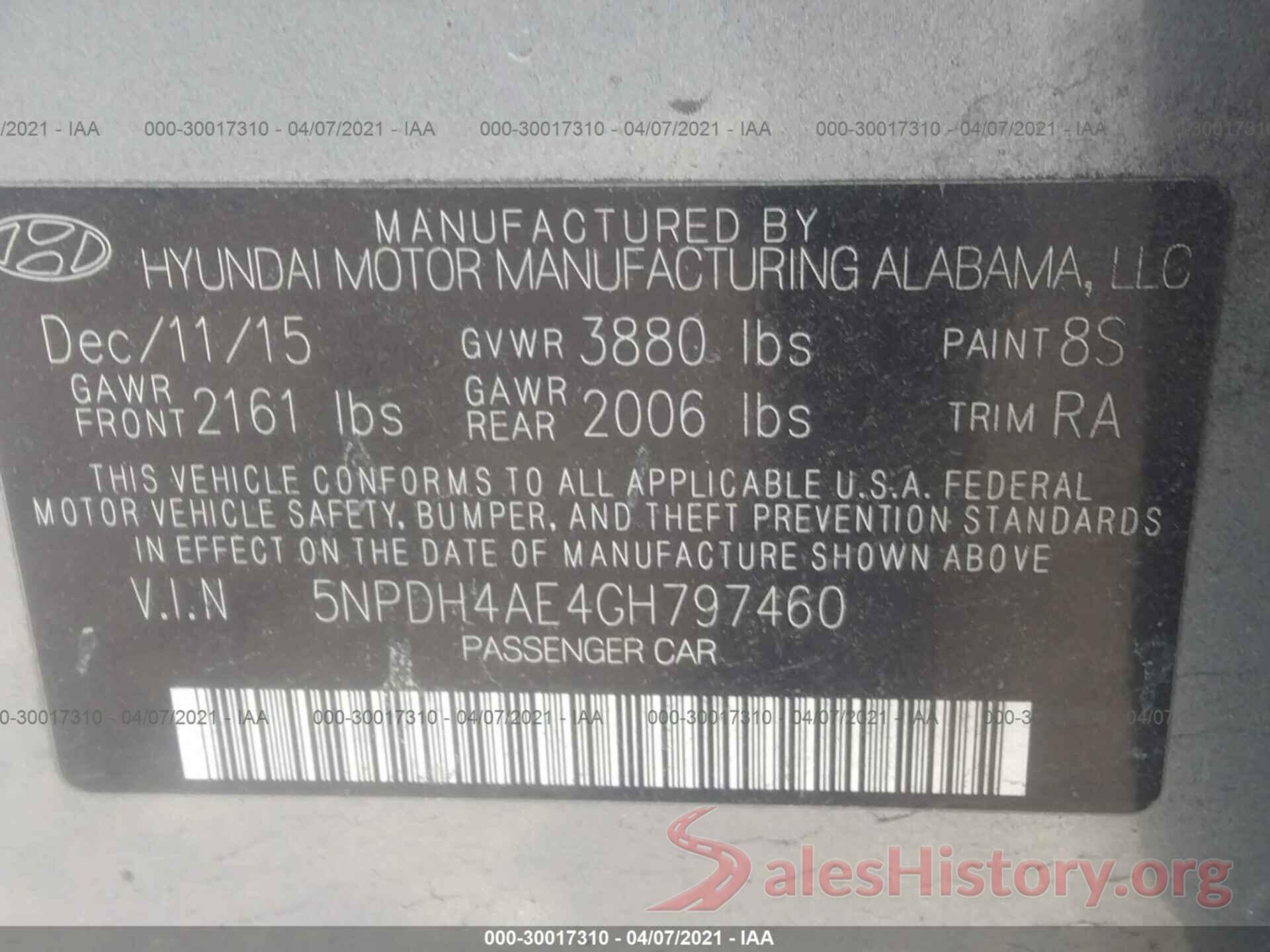 5NPDH4AE4GH797460 2016 HYUNDAI ELANTRA