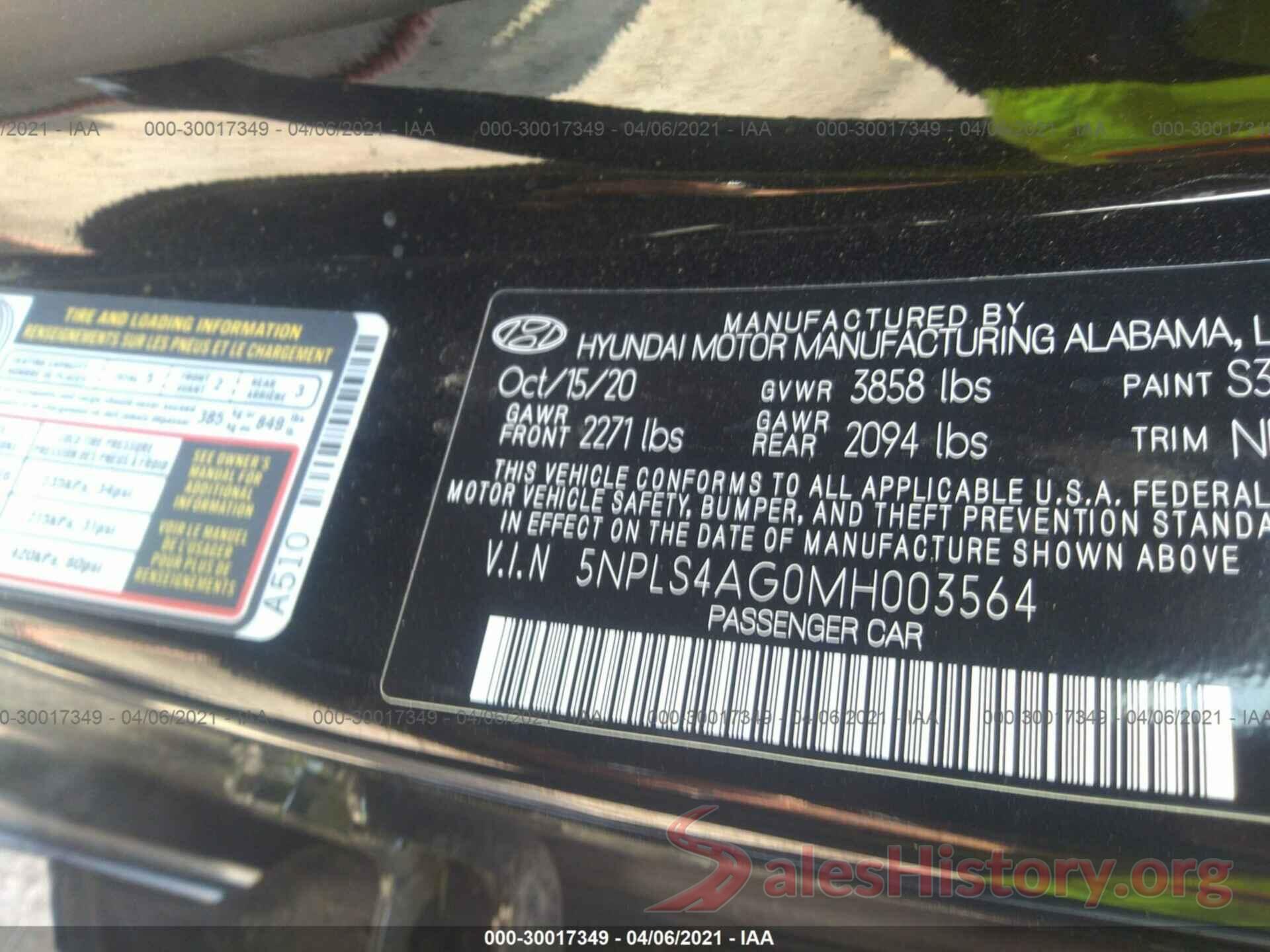 5NPLS4AG0MH003564 2021 HYUNDAI ELANTRA