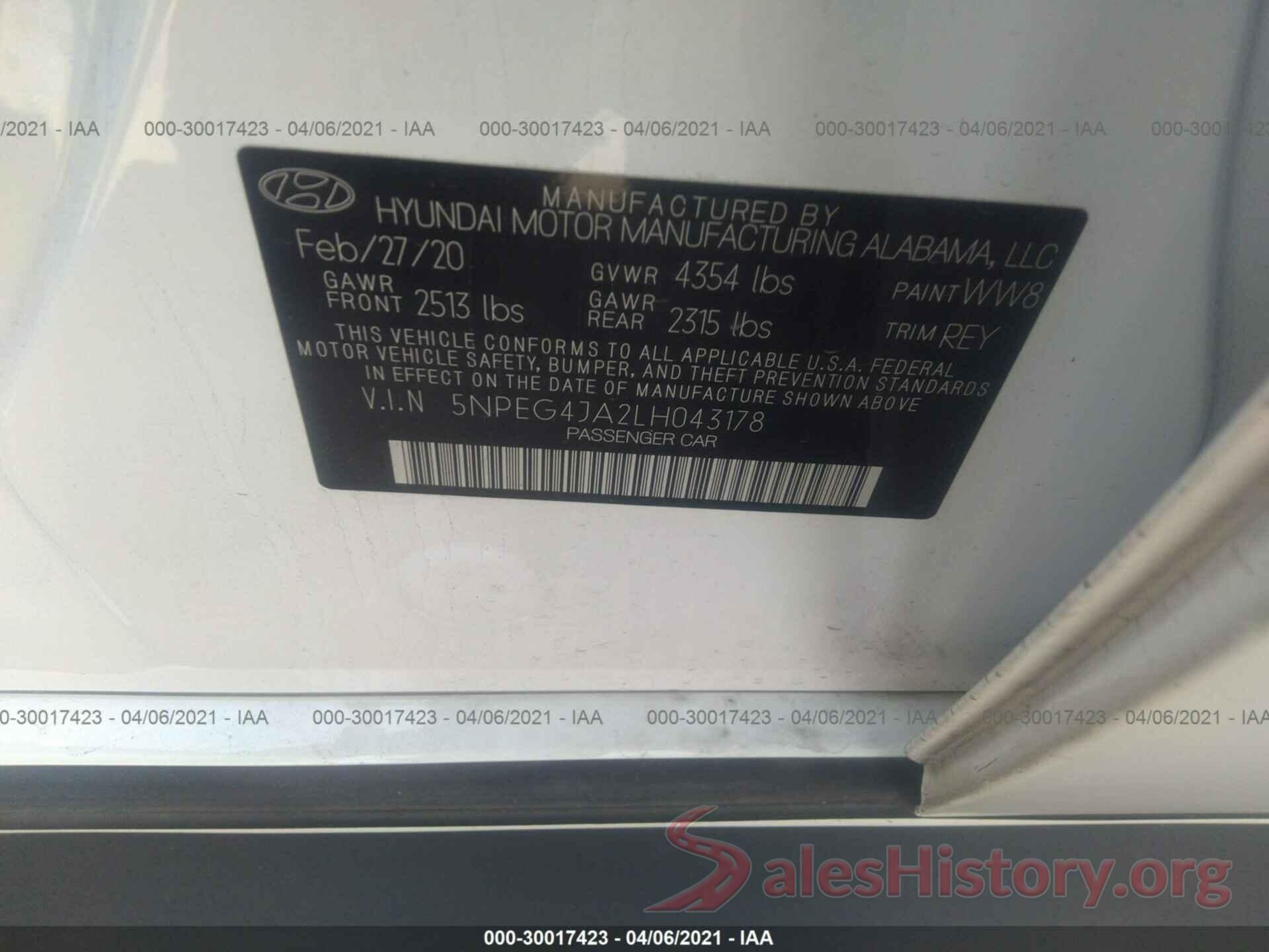 5NPEG4JA2LH043178 2020 HYUNDAI SONATA