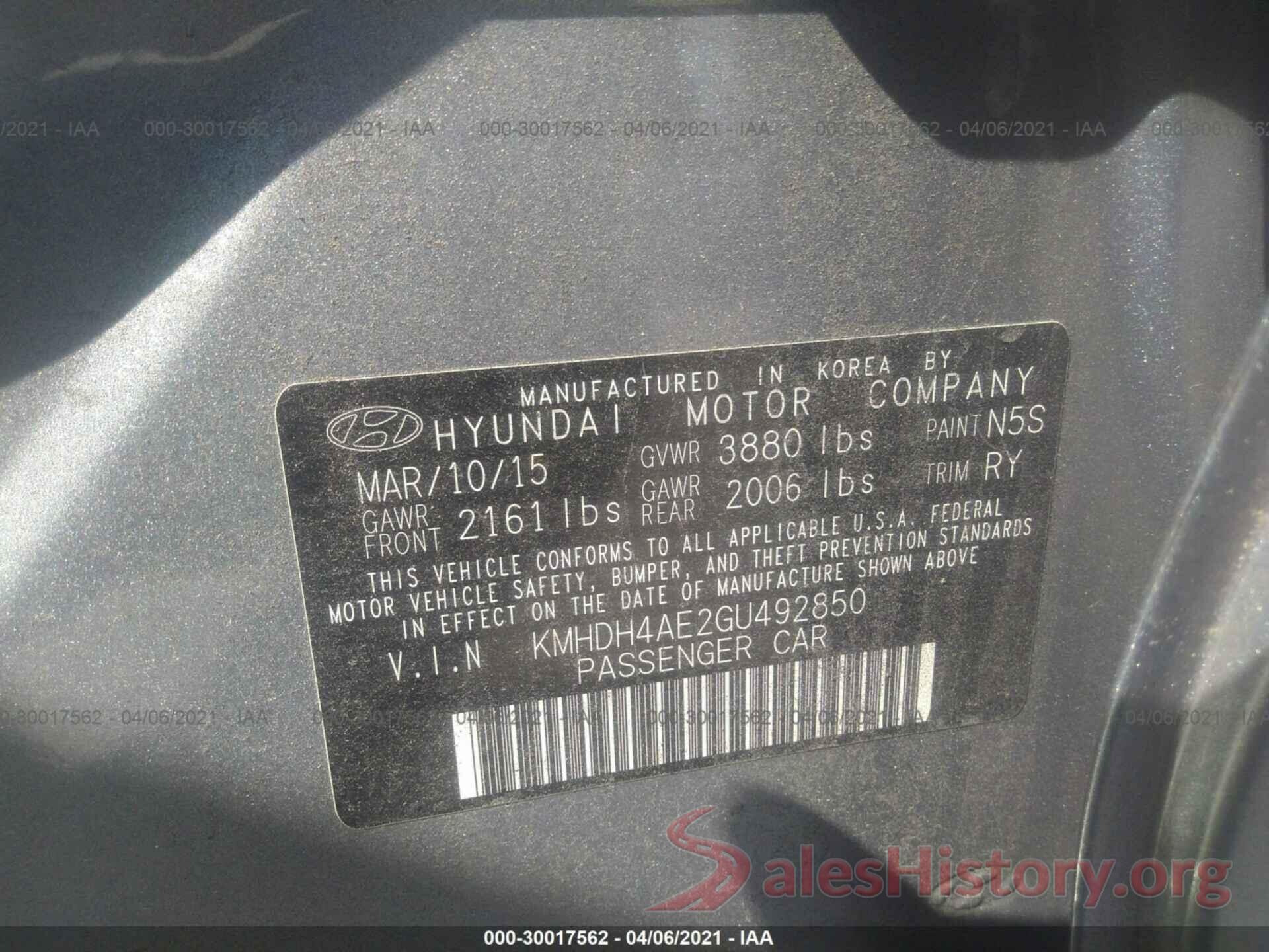 KMHDH4AE2GU492850 2016 HYUNDAI ELANTRA