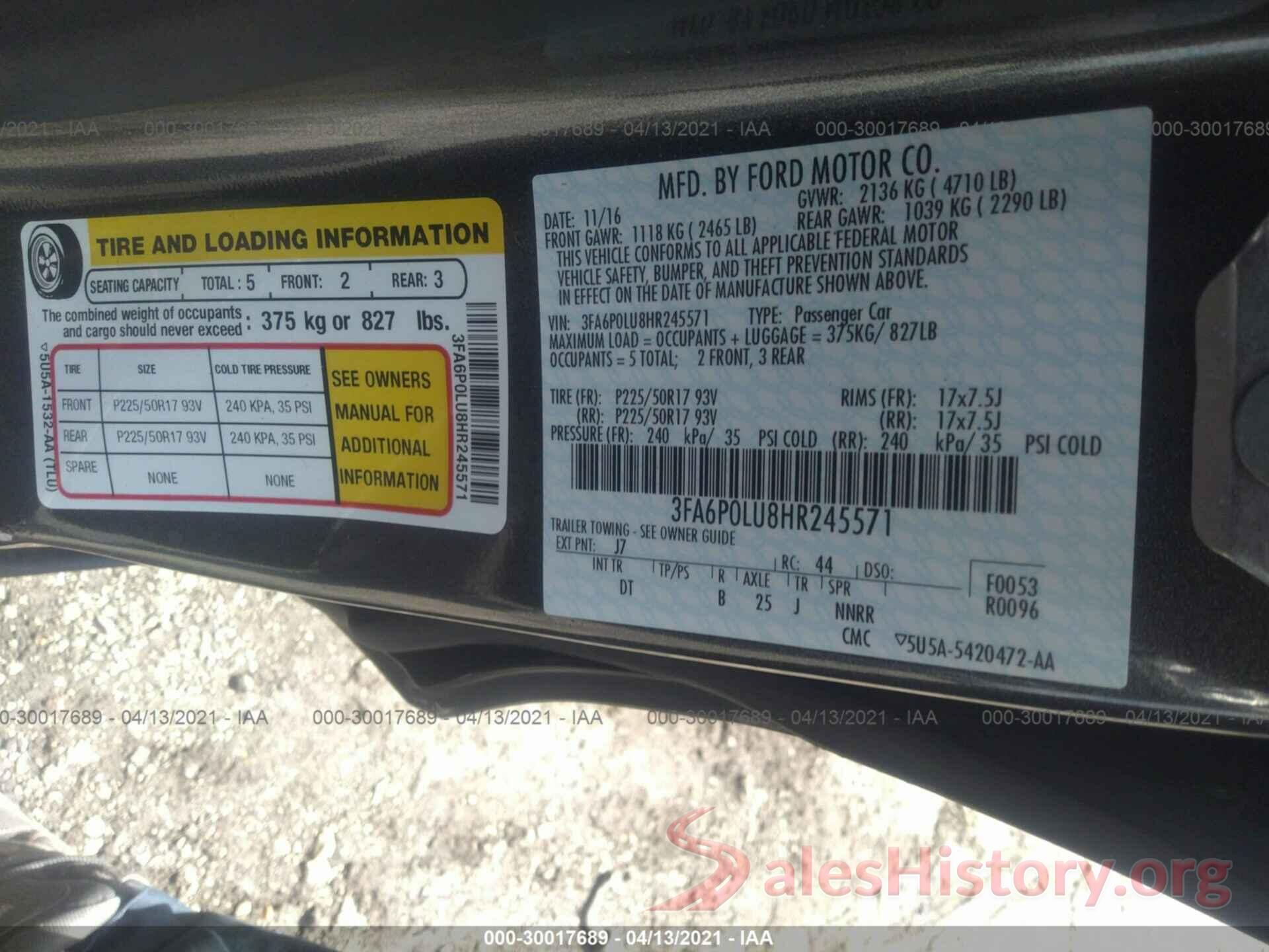 3FA6P0LU8HR245571 2017 FORD FUSION