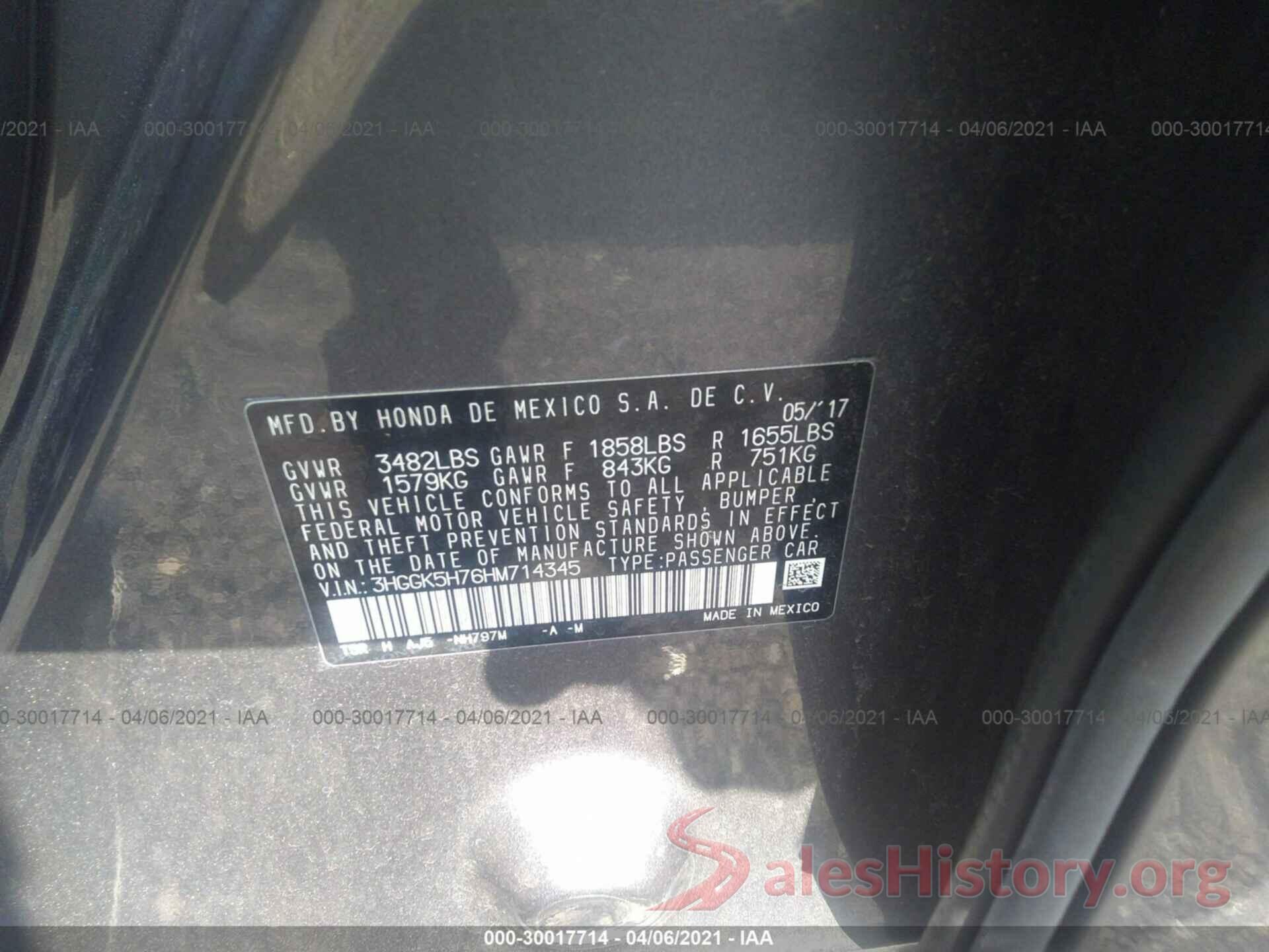 3HGGK5H76HM714345 2017 HONDA FIT