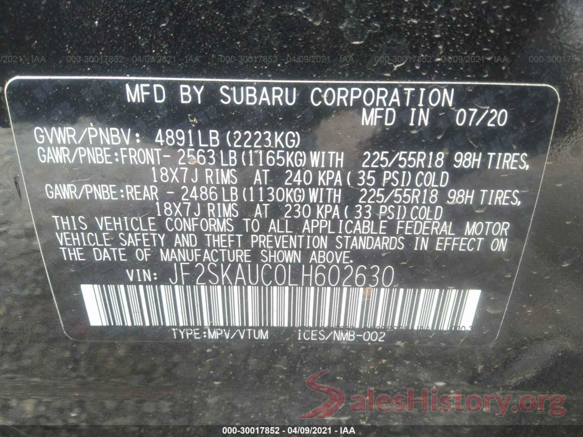 JF2SKAUC0LH602630 2020 SUBARU FORESTER