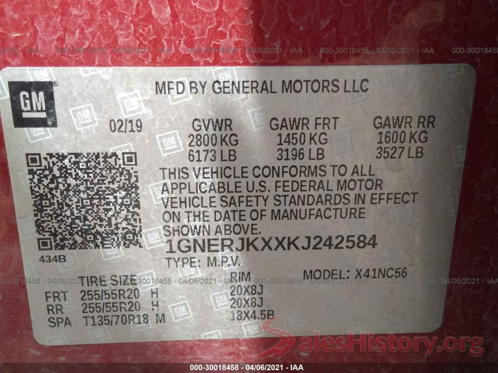 1GNERJKXXKJ242584 2019 CHEVROLET TRAVERSE