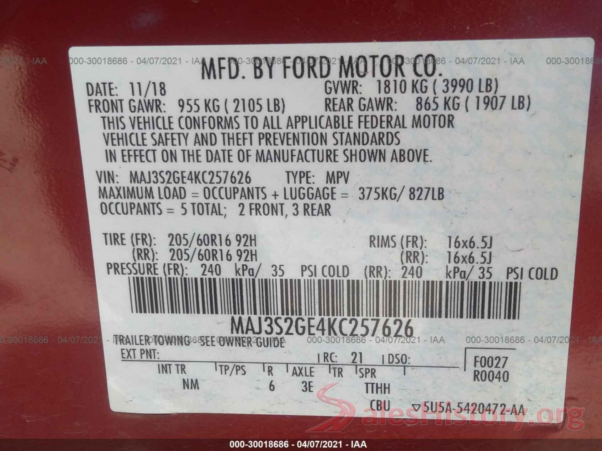 MAJ3S2GE4KC257626 2019 FORD ECOSPORT