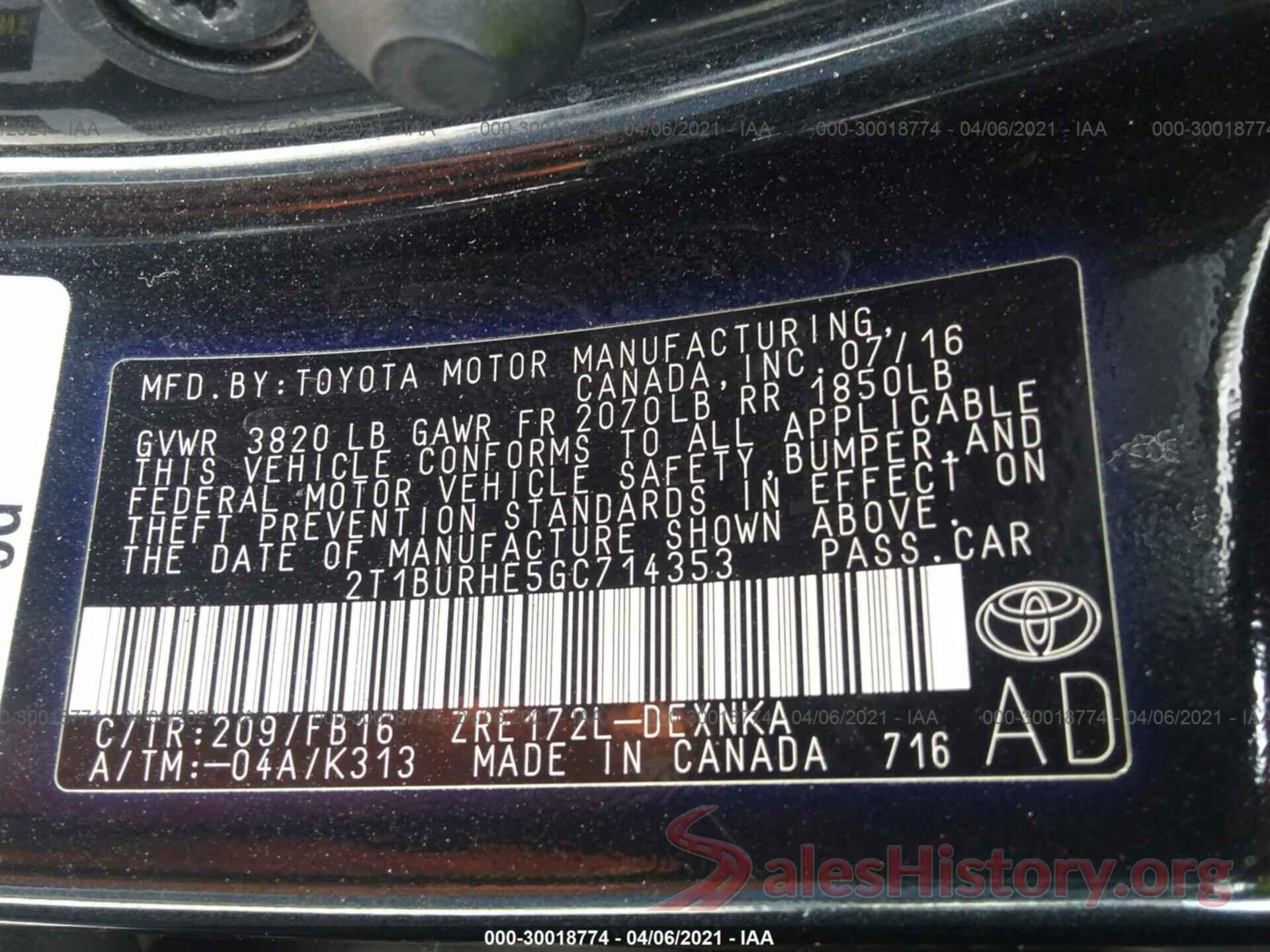 2T1BURHE5GC714353 2016 TOYOTA COROLLA