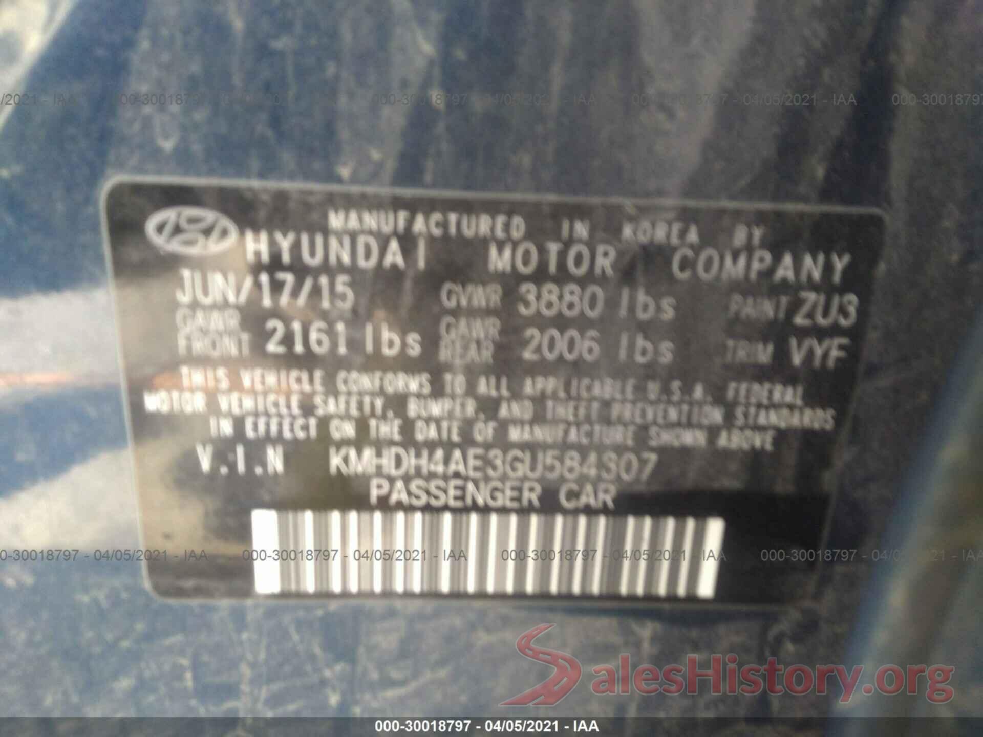 KMHDH4AE3GU584307 2016 HYUNDAI ELANTRA