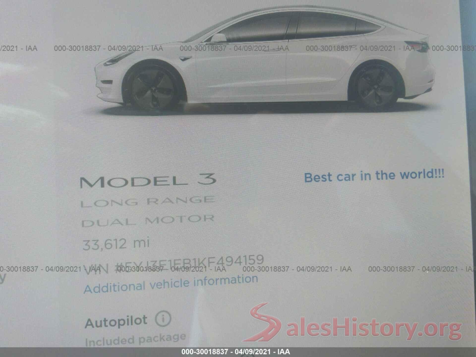 5YJ3E1EB1KF494159 2019 TESLA MODEL 3