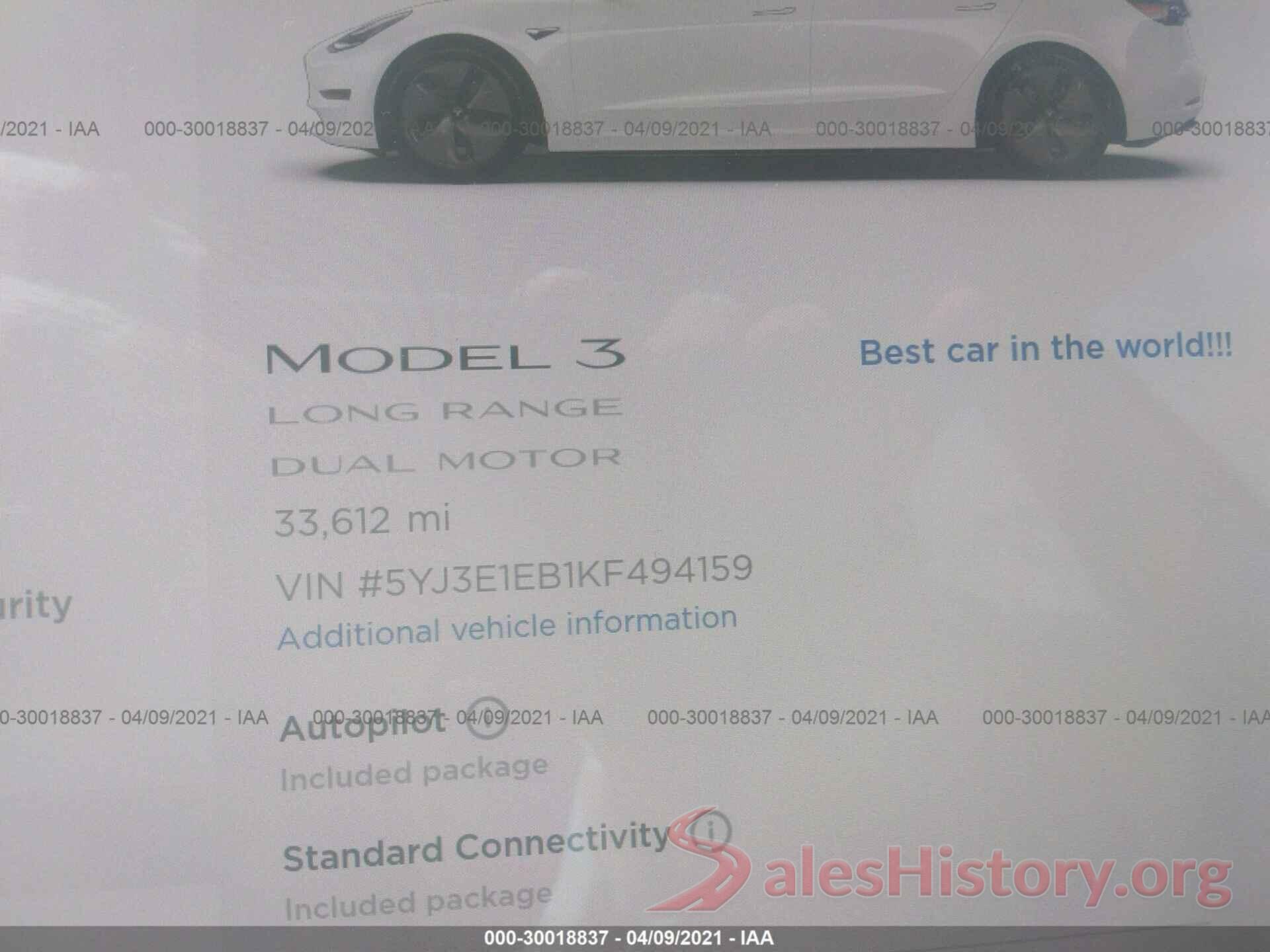 5YJ3E1EB1KF494159 2019 TESLA MODEL 3