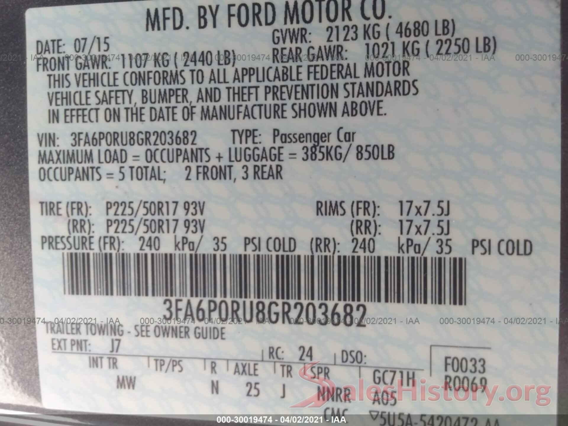 3FA6P0RU8GR203682 2016 FORD FUSION