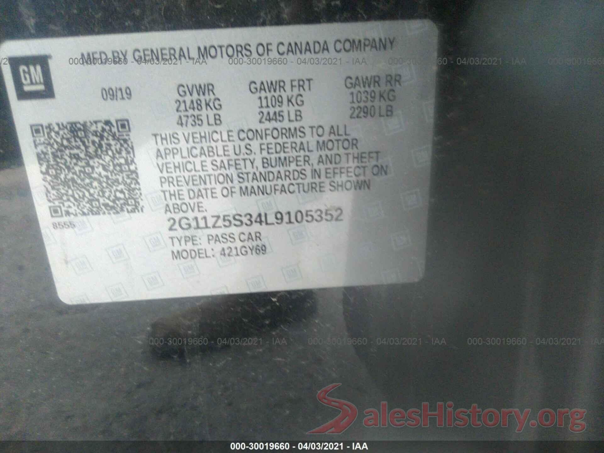 2G11Z5S34L9105352 2020 CHEVROLET IMPALA