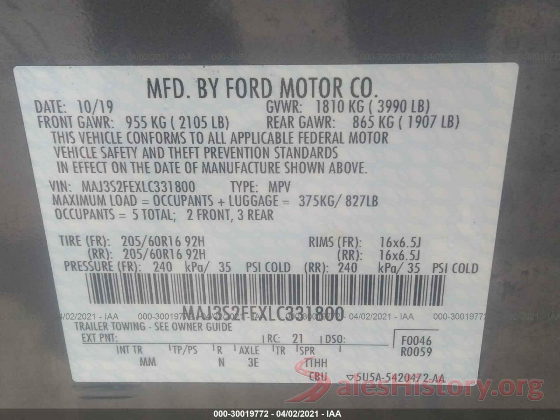 MAJ3S2FEXLC331800 2020 FORD ECOSPORT