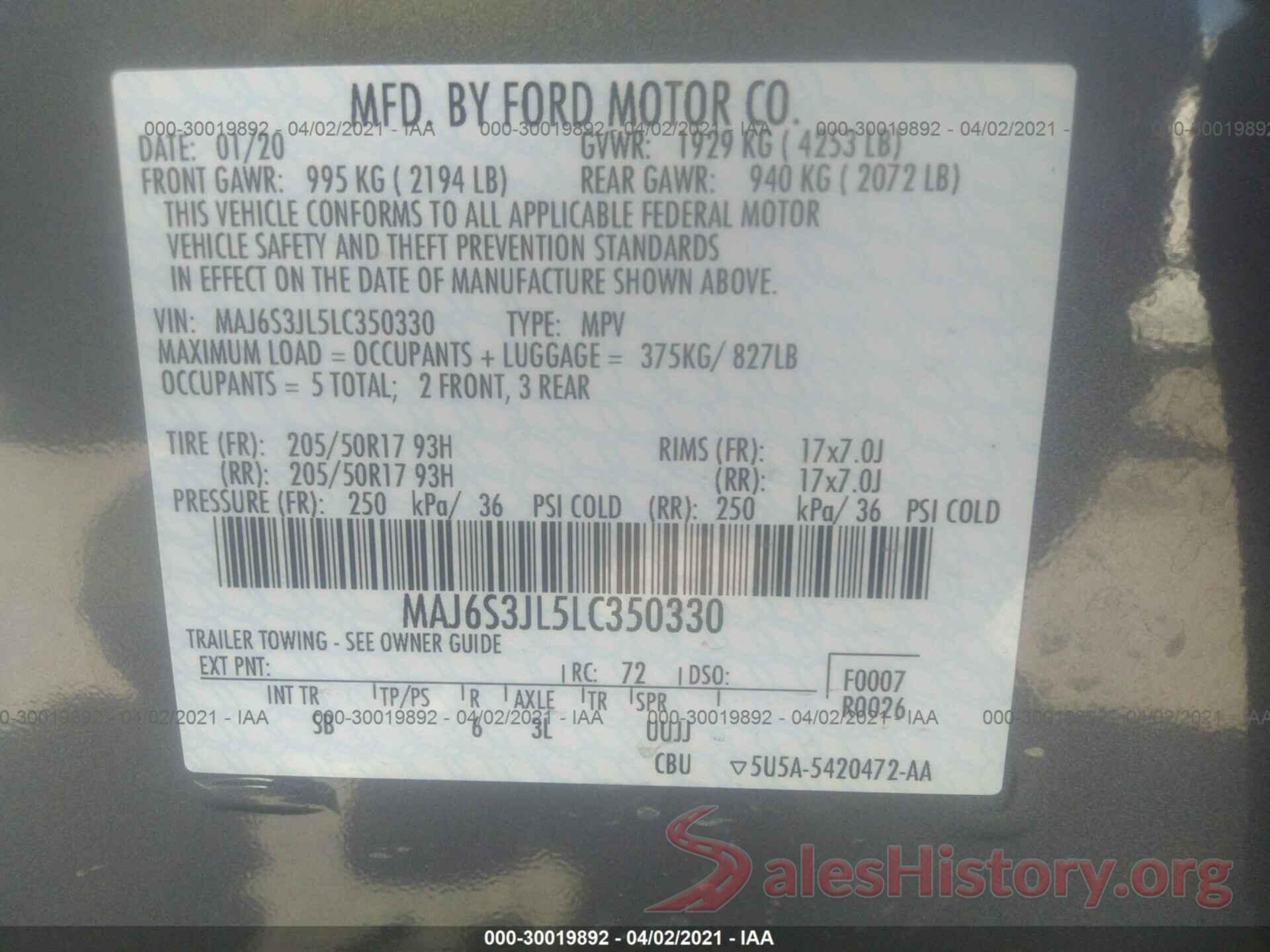 MAJ6S3JL5LC350330 2020 FORD ECOSPORT