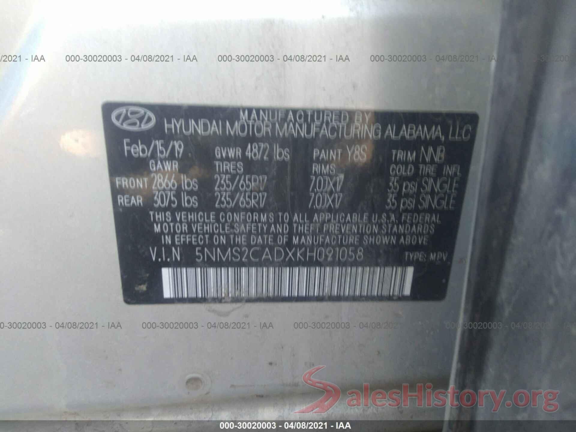 5NMS2CADXKH091058 2019 HYUNDAI SANTA FE