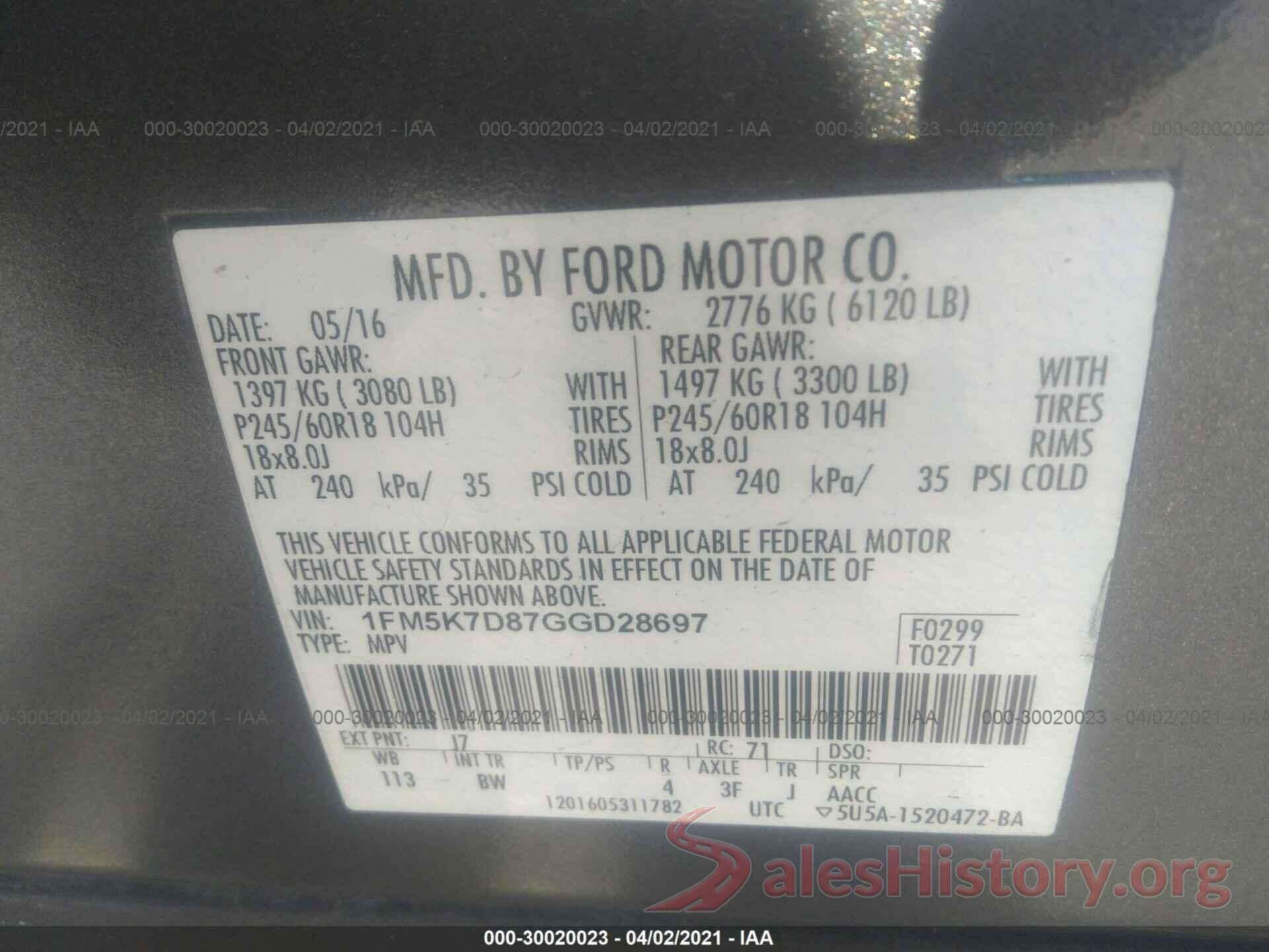 1FM5K7D87GGD28697 2016 FORD EXPLORER