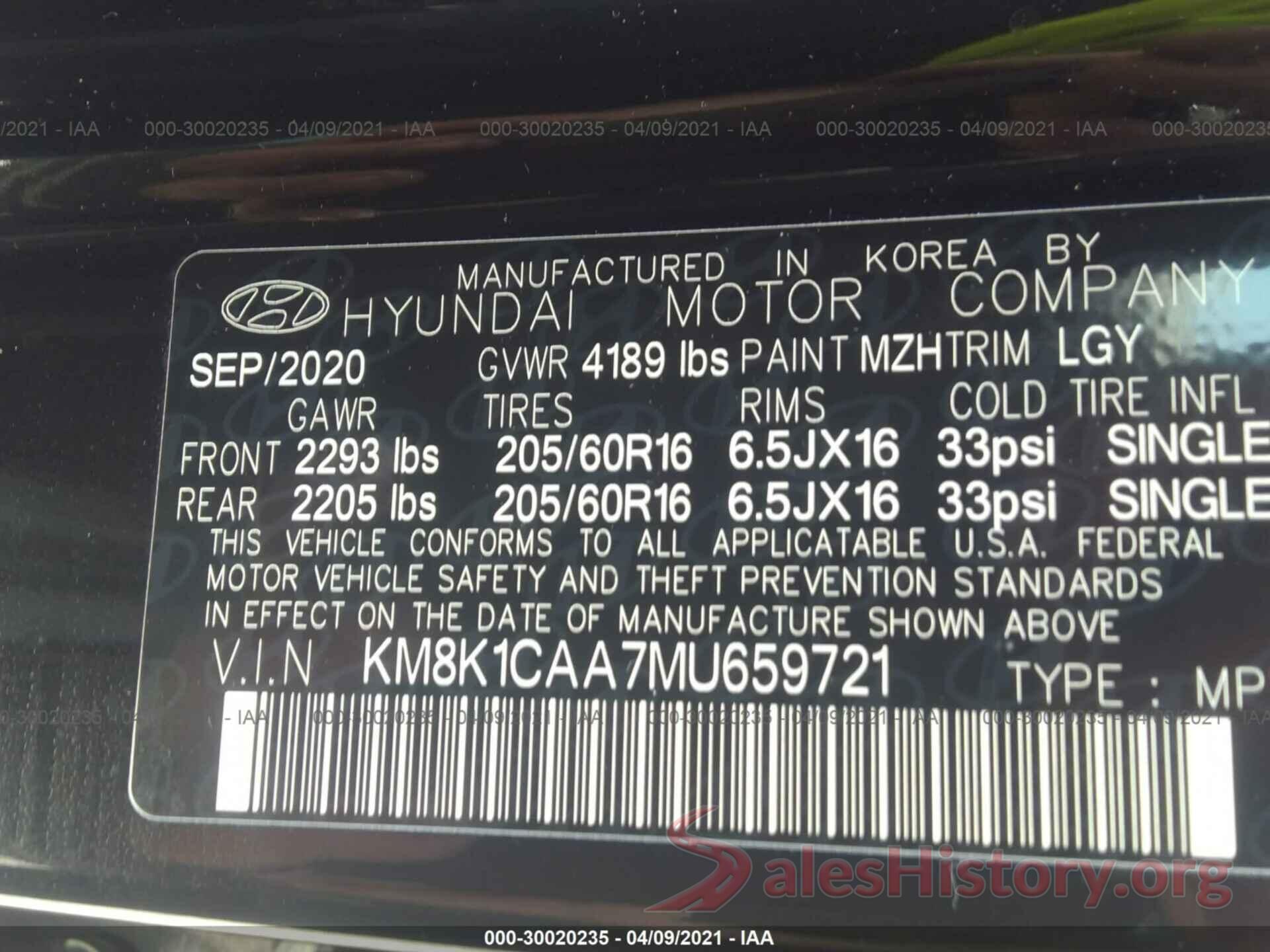 KM8K1CAA7MU659721 2021 HYUNDAI KONA