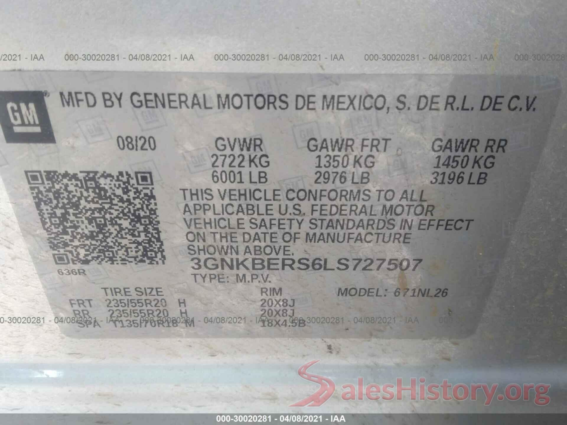 3GNKBERS6LS727507 2020 CHEVROLET BLAZER