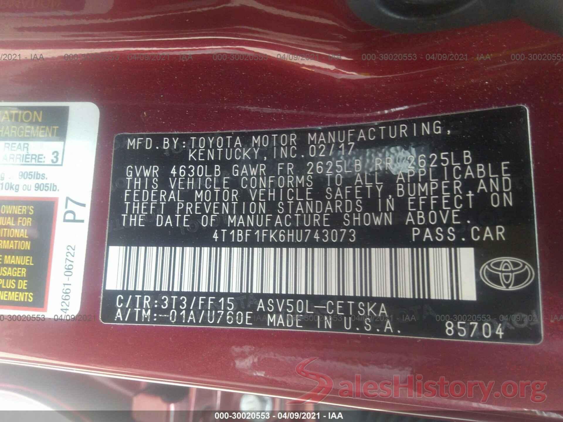 4T1BF1FK6HU743073 2017 TOYOTA CAMRY