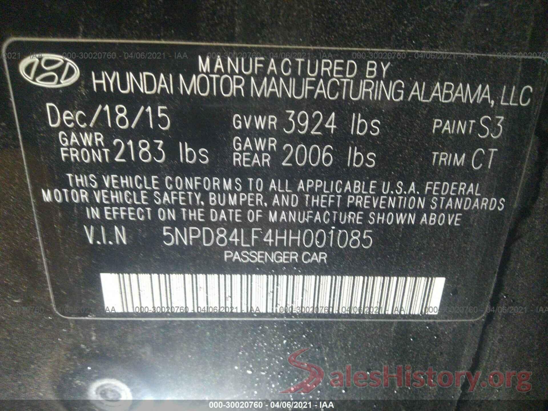 5NPD84LF4HH001085 2017 HYUNDAI ELANTRA