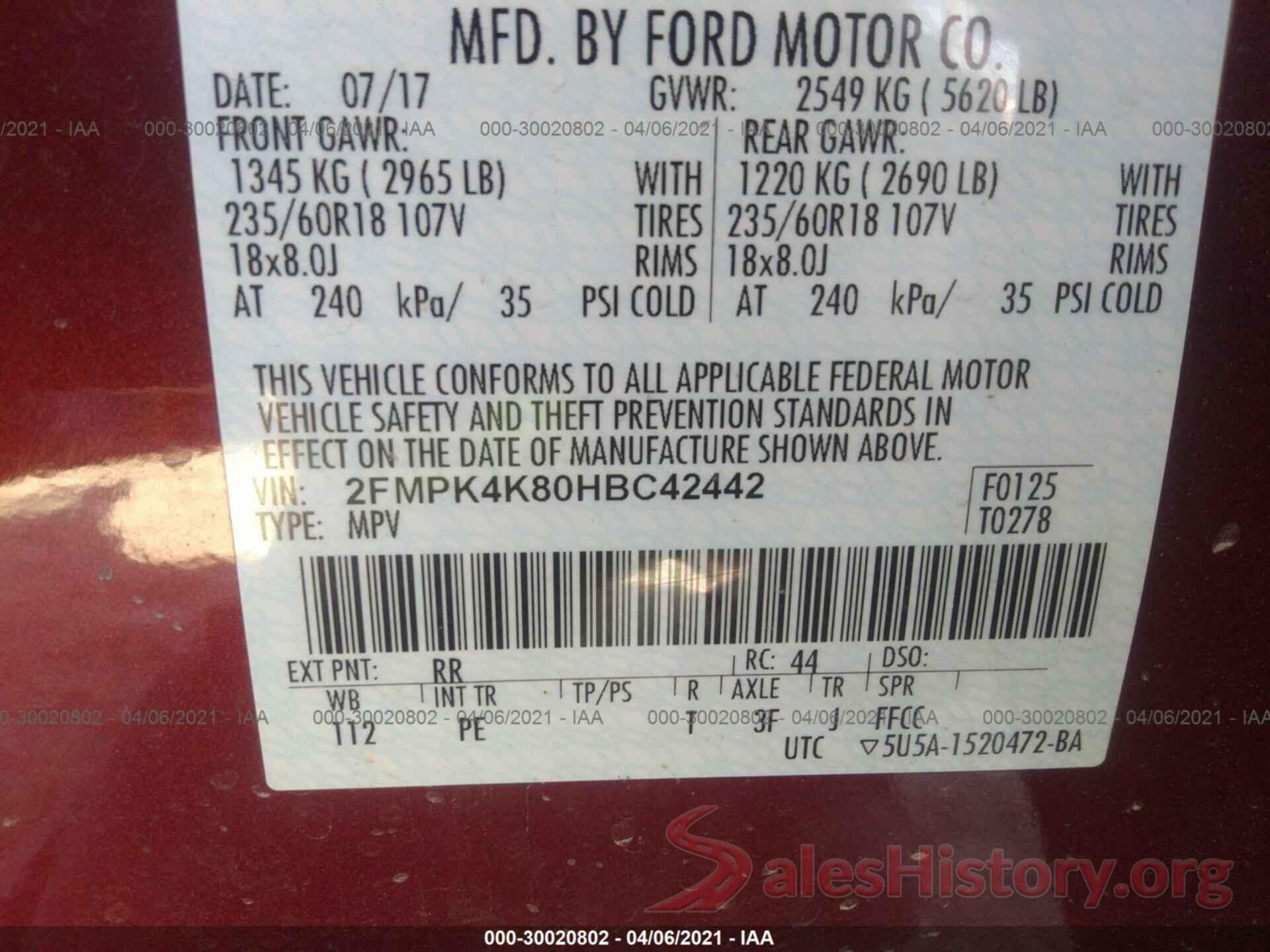 2FMPK4K80HBC42442 2017 FORD EDGE