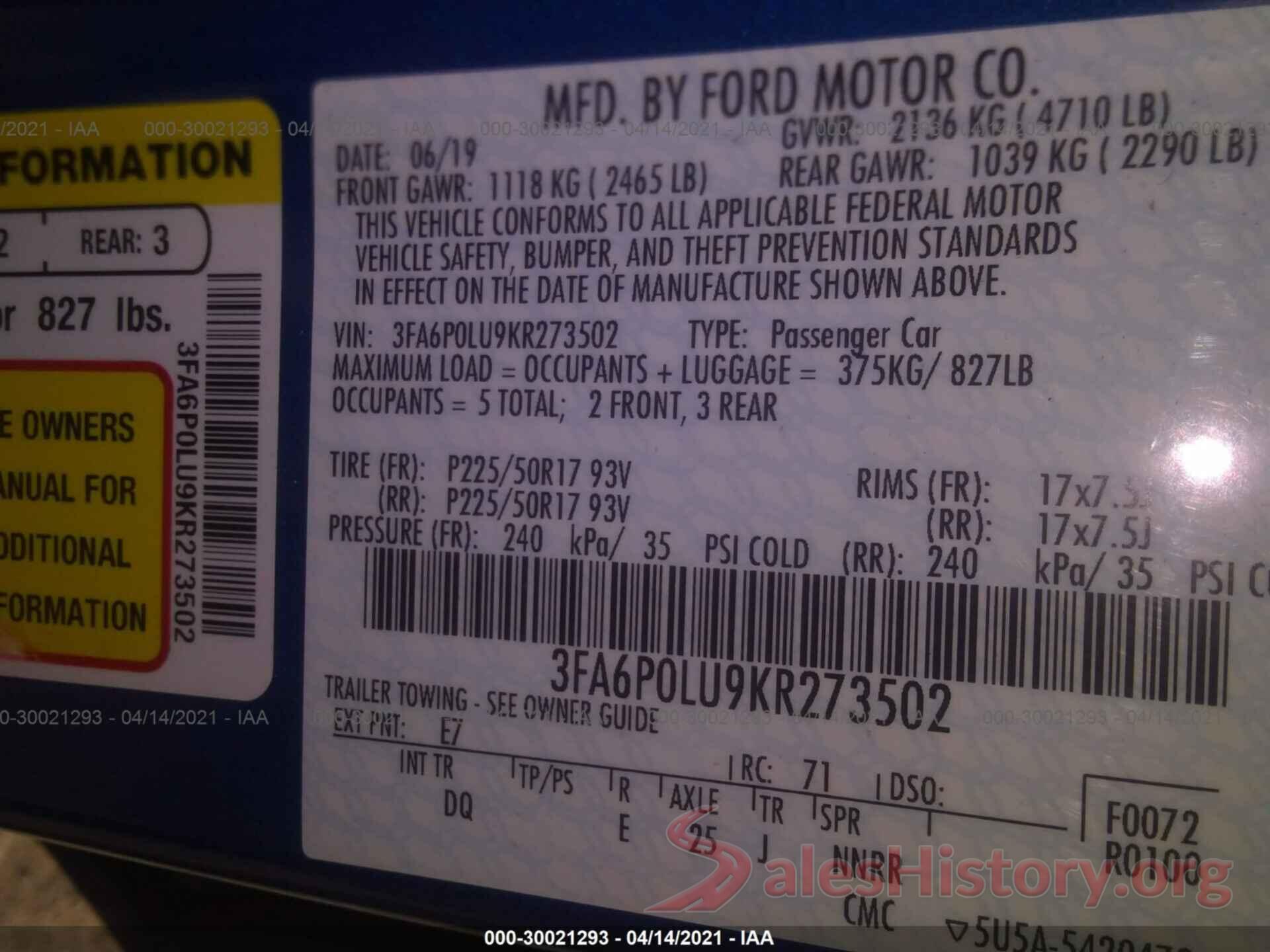 3FA6P0LU9KR273502 2019 FORD FUSION HYBRID