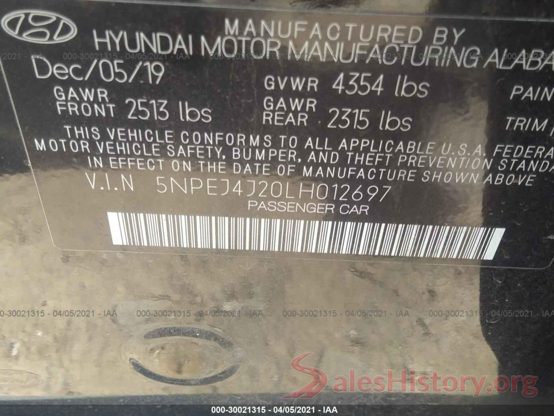 5NPEJ4J20LH012697 2020 HYUNDAI SONATA