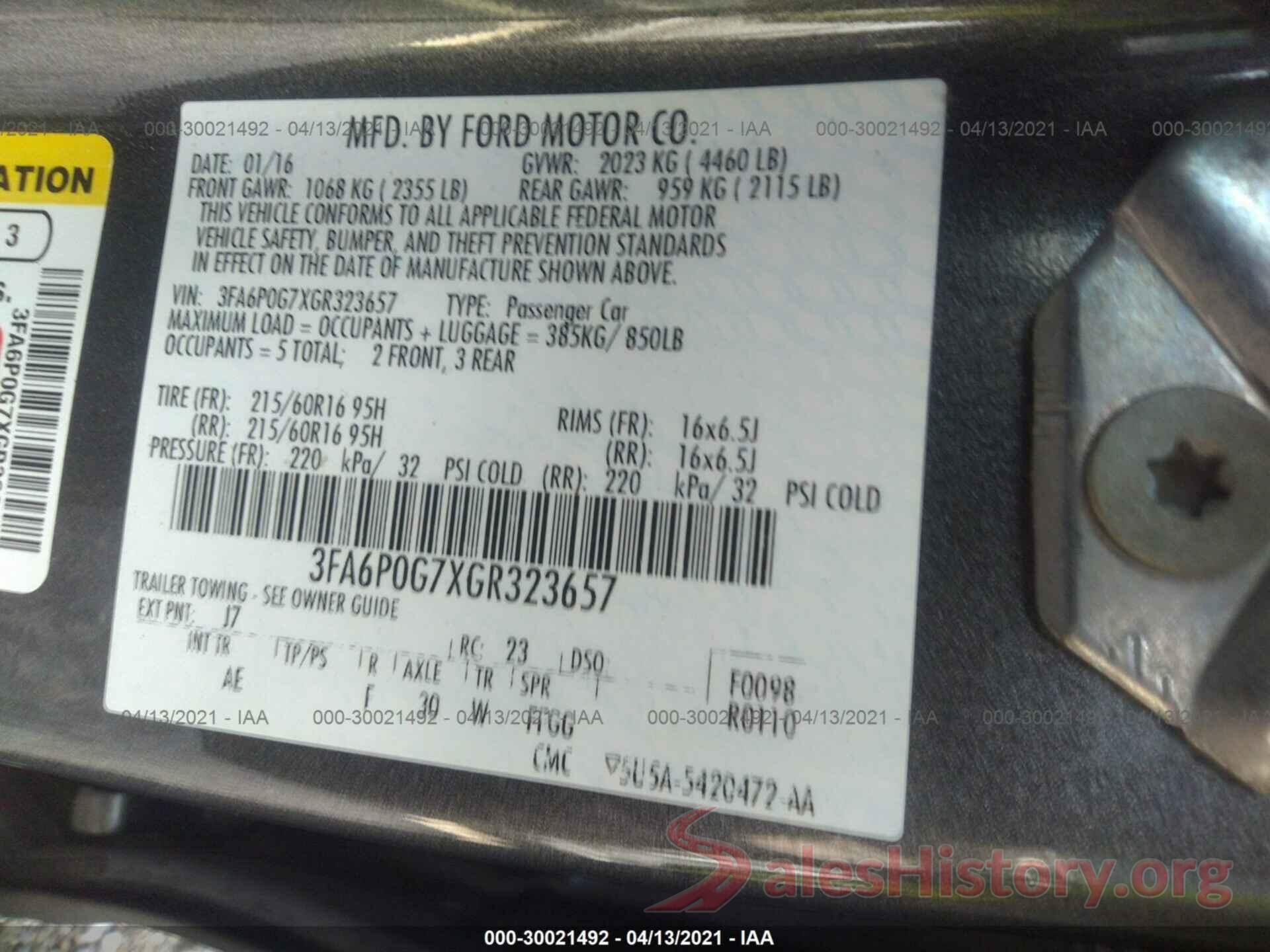 3FA6P0G7XGR323657 2016 FORD FUSION