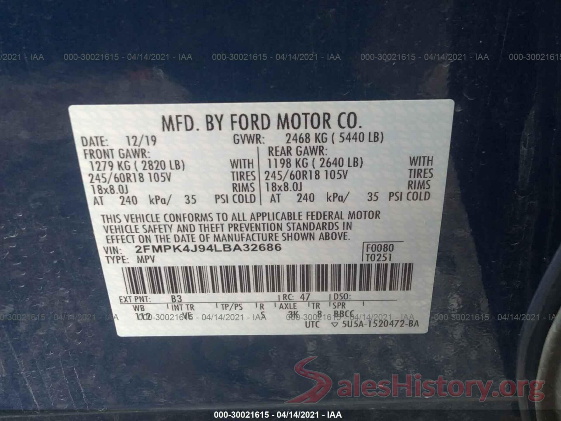 2FMPK4J94LBA32686 2020 FORD EDGE