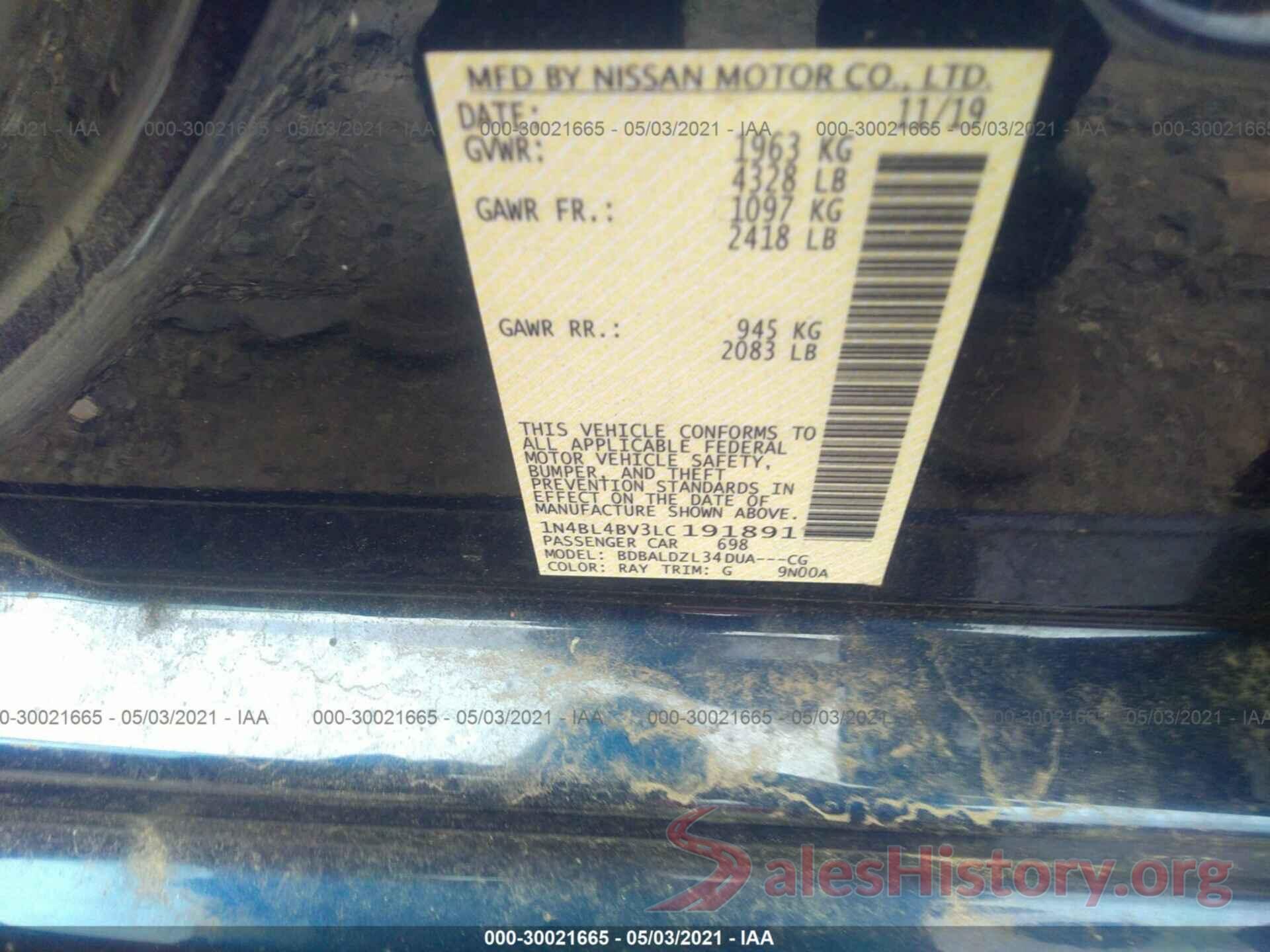 1N4BL4BV3LC191891 2020 NISSAN ALTIMA