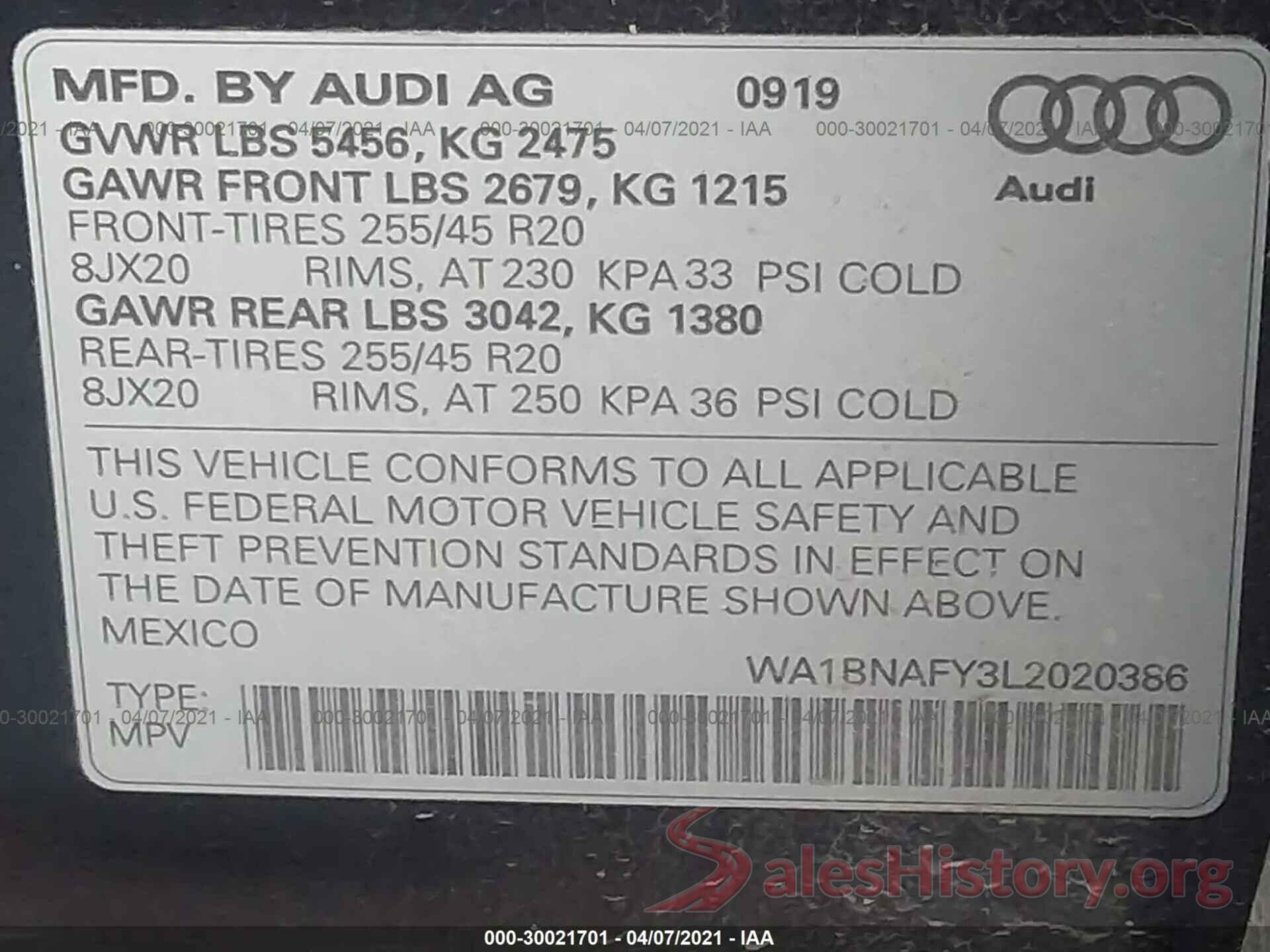 WA1BNAFY3L2020386 2020 AUDI Q5