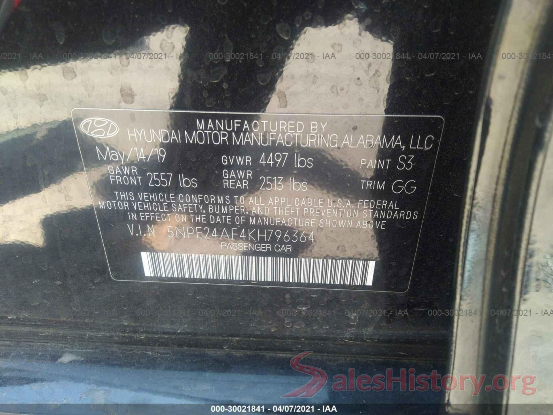 5NPE24AF4KH796364 2019 HYUNDAI SONATA