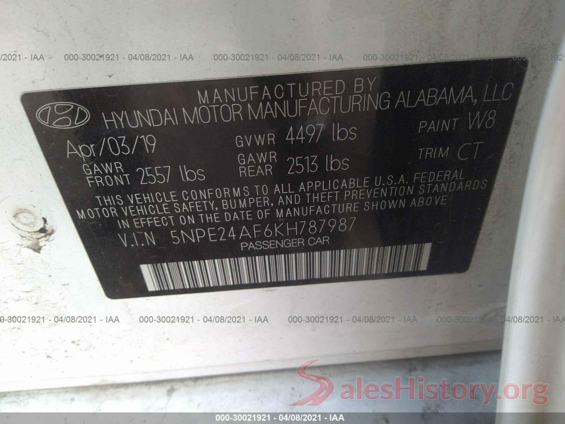 5NPE24AF6KH787987 2019 HYUNDAI SONATA