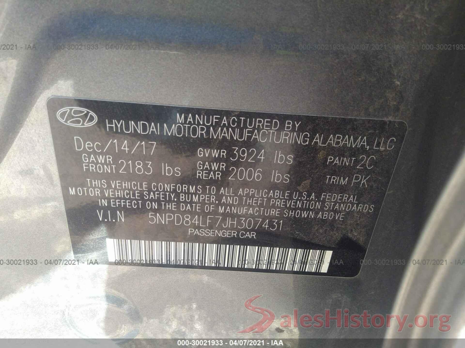 5NPD84LF7JH307431 2018 HYUNDAI ELANTRA