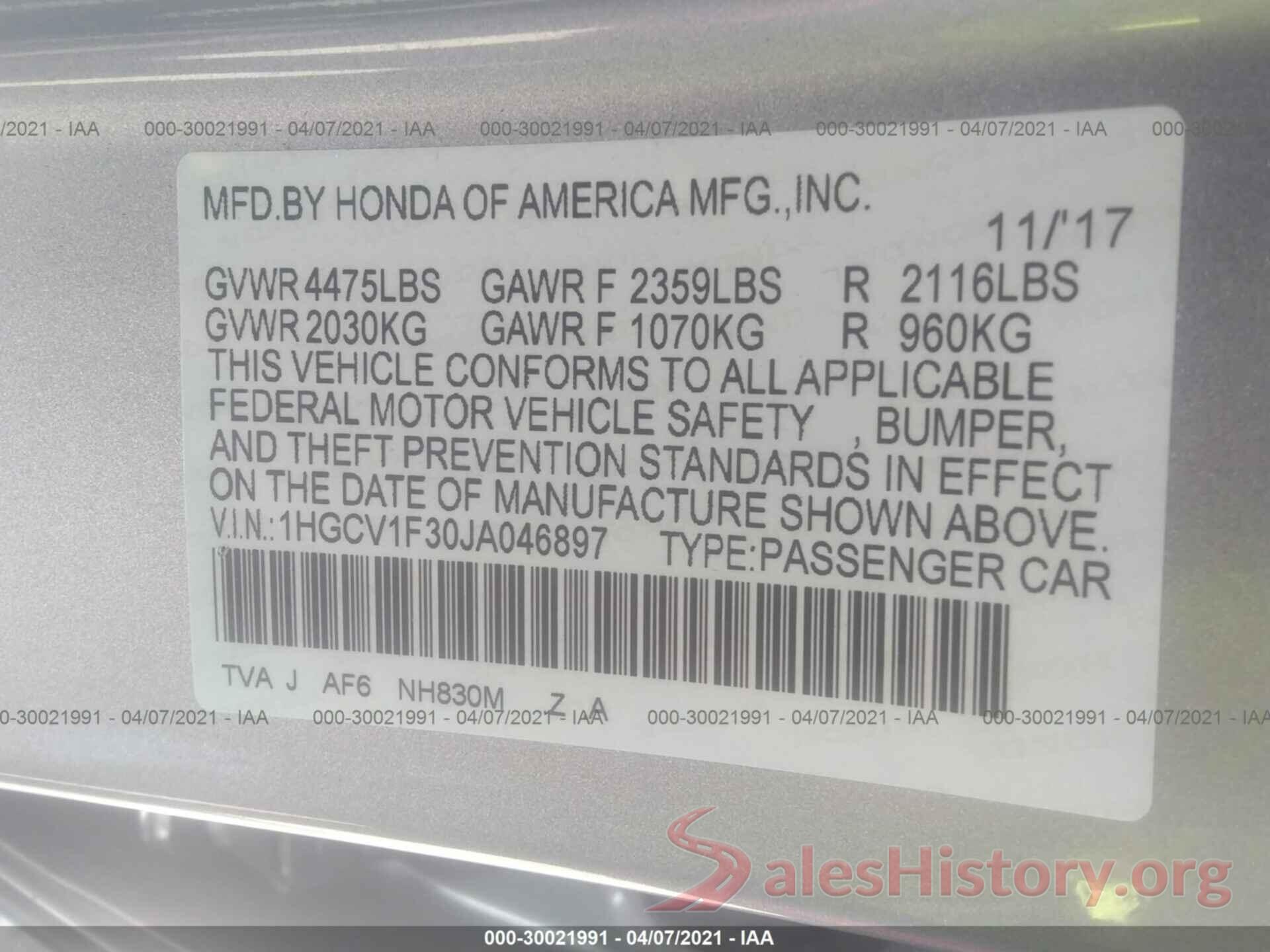 1HGCV1F30JA046897 2018 HONDA ACCORD SEDAN