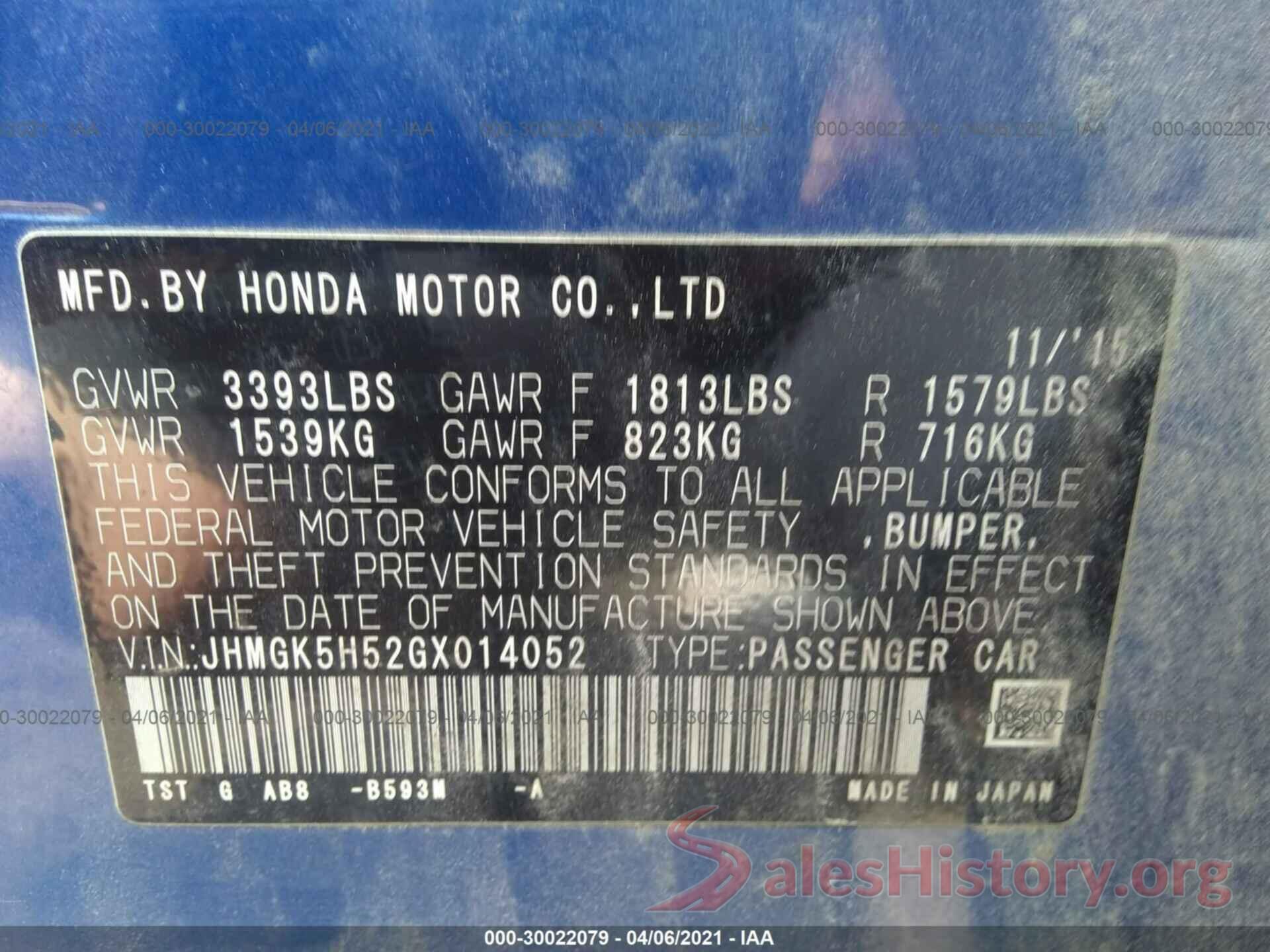 JHMGK5H52GX014052 2016 HONDA FIT