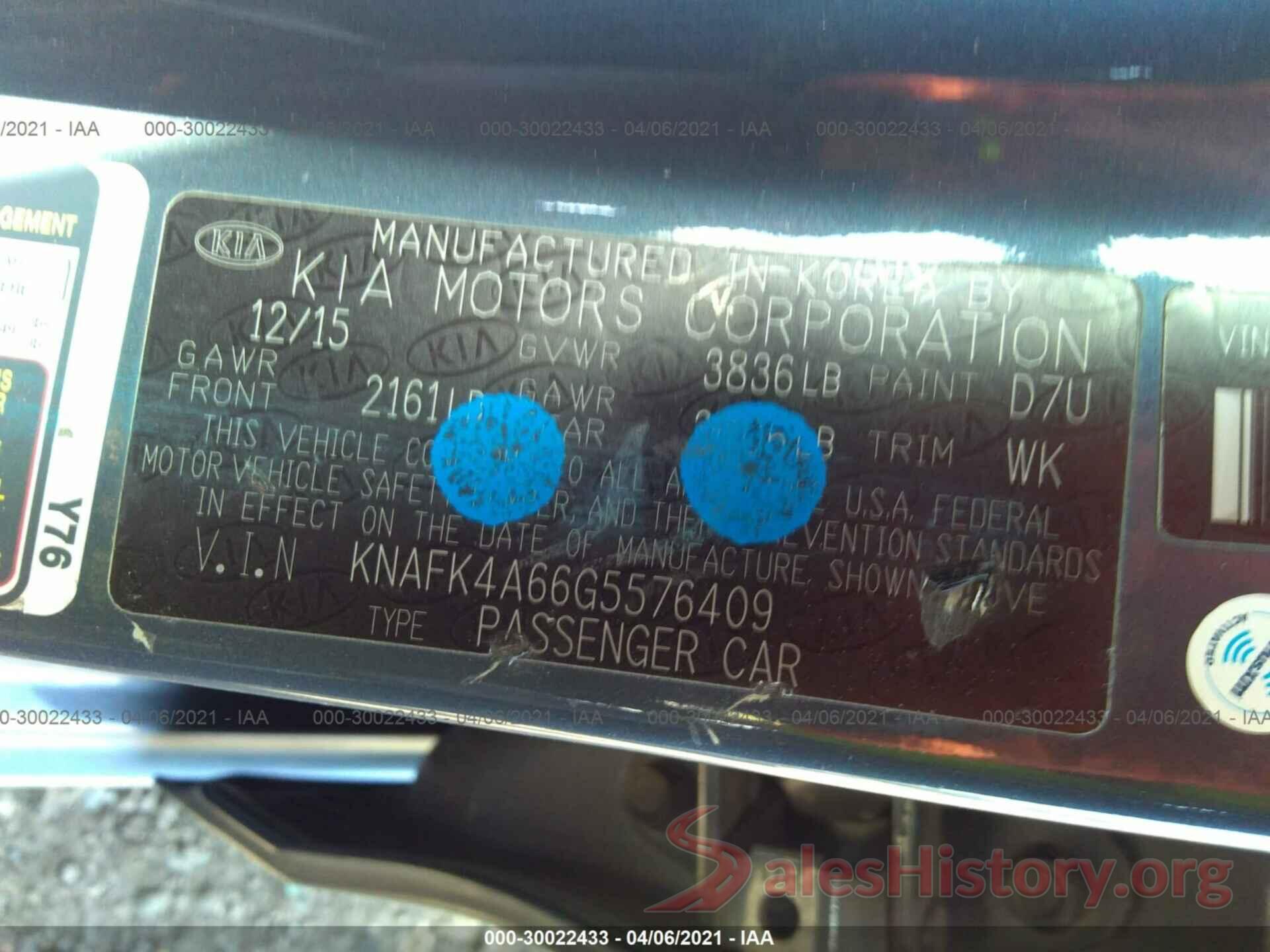 KNAFK4A66G5576409 2016 KIA FORTE