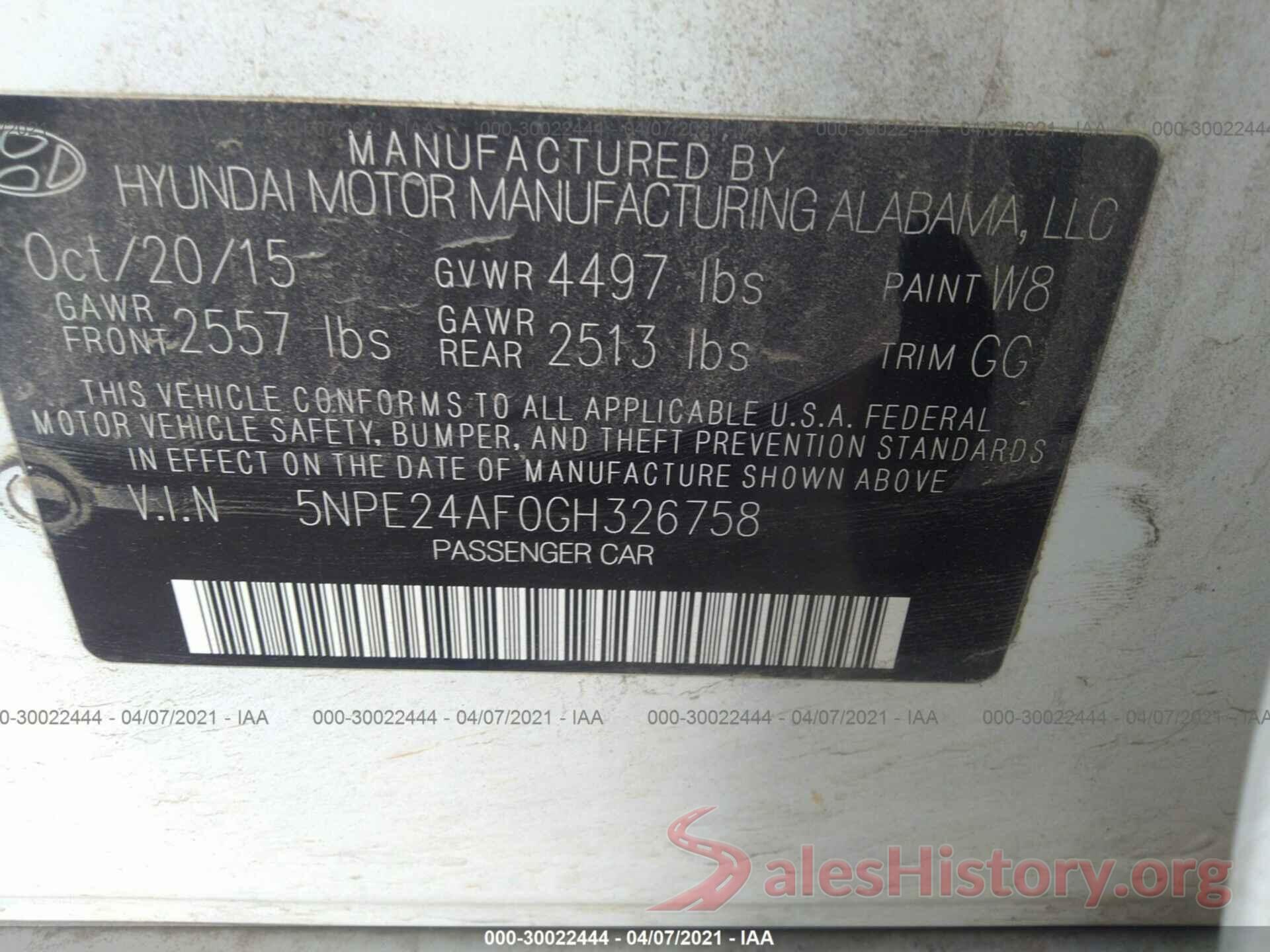 5NPE24AF0GH326758 2016 HYUNDAI SONATA